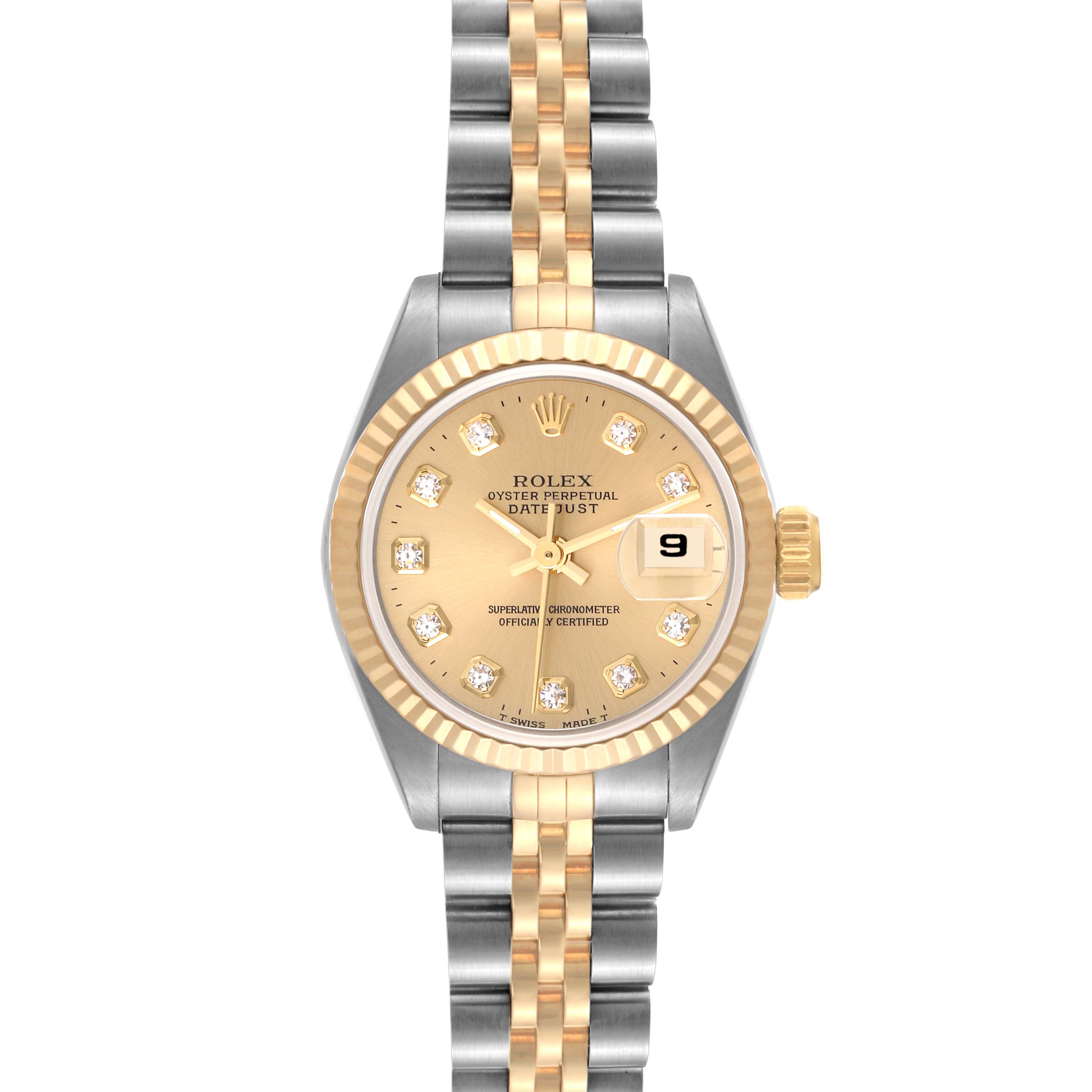 This image shows the front view of a Rolex Datejust 69173 Women's Steel and Gold (two tone) Champagne Dial 69173 Women's Steel and Gold (two tone) Champagne Dial model watch, highlighting the dial, bezel, and bracelet.