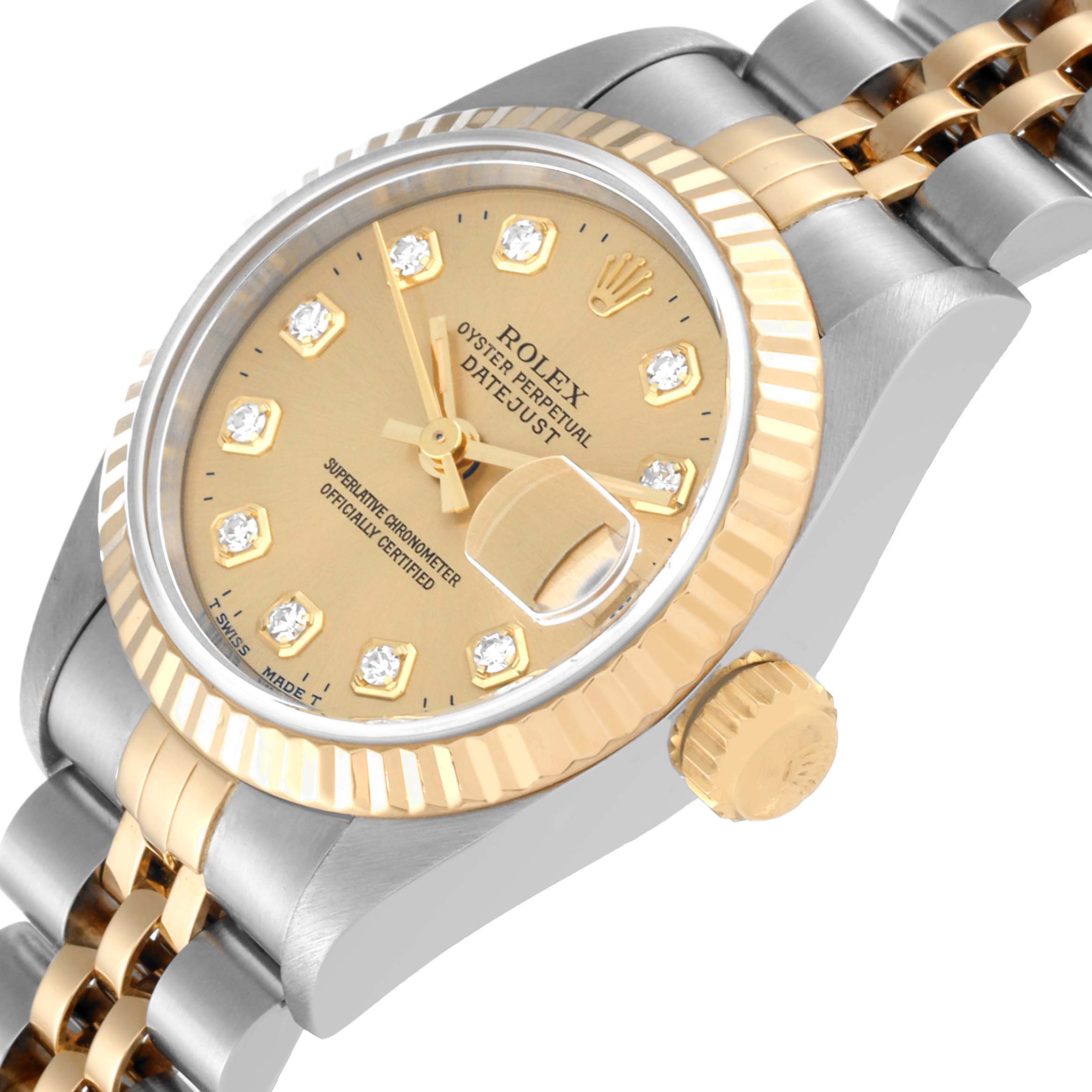 This Rolex Datejust 69173 Women's Steel and Gold (two tone) Champagne Dial 69173 Women's Steel and Gold (two tone) Champagne Dial watch is shown at an angle displaying the face, bezel, crown, and part of the bracelet.