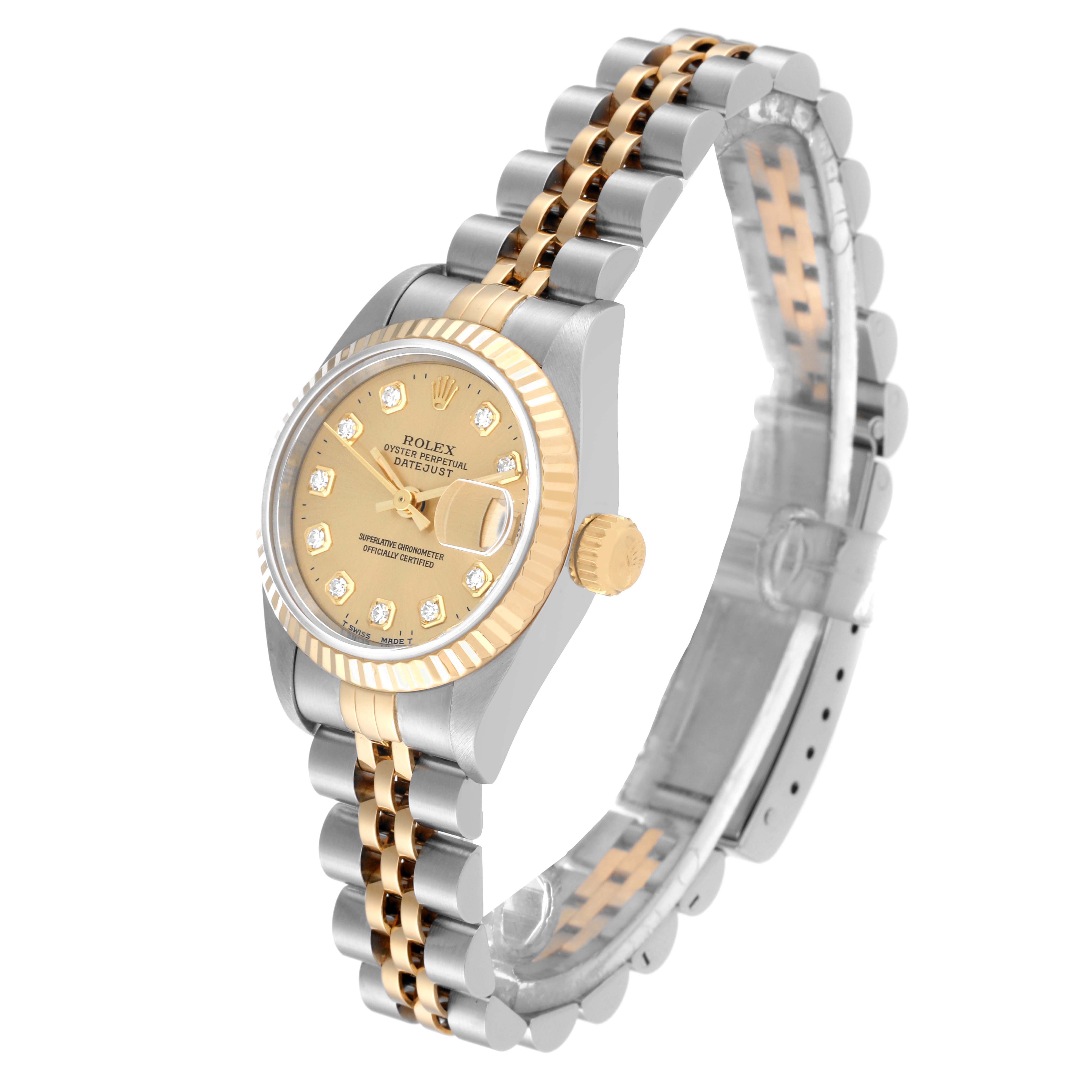 The image shows a Rolex Datejust 69173 Women's Steel and Gold (two tone) Champagne Dial 69173 Women's Steel and Gold (two tone) Champagne Dial watch at an angled view, highlighting the gold and silver case, bezel, and bracelet.