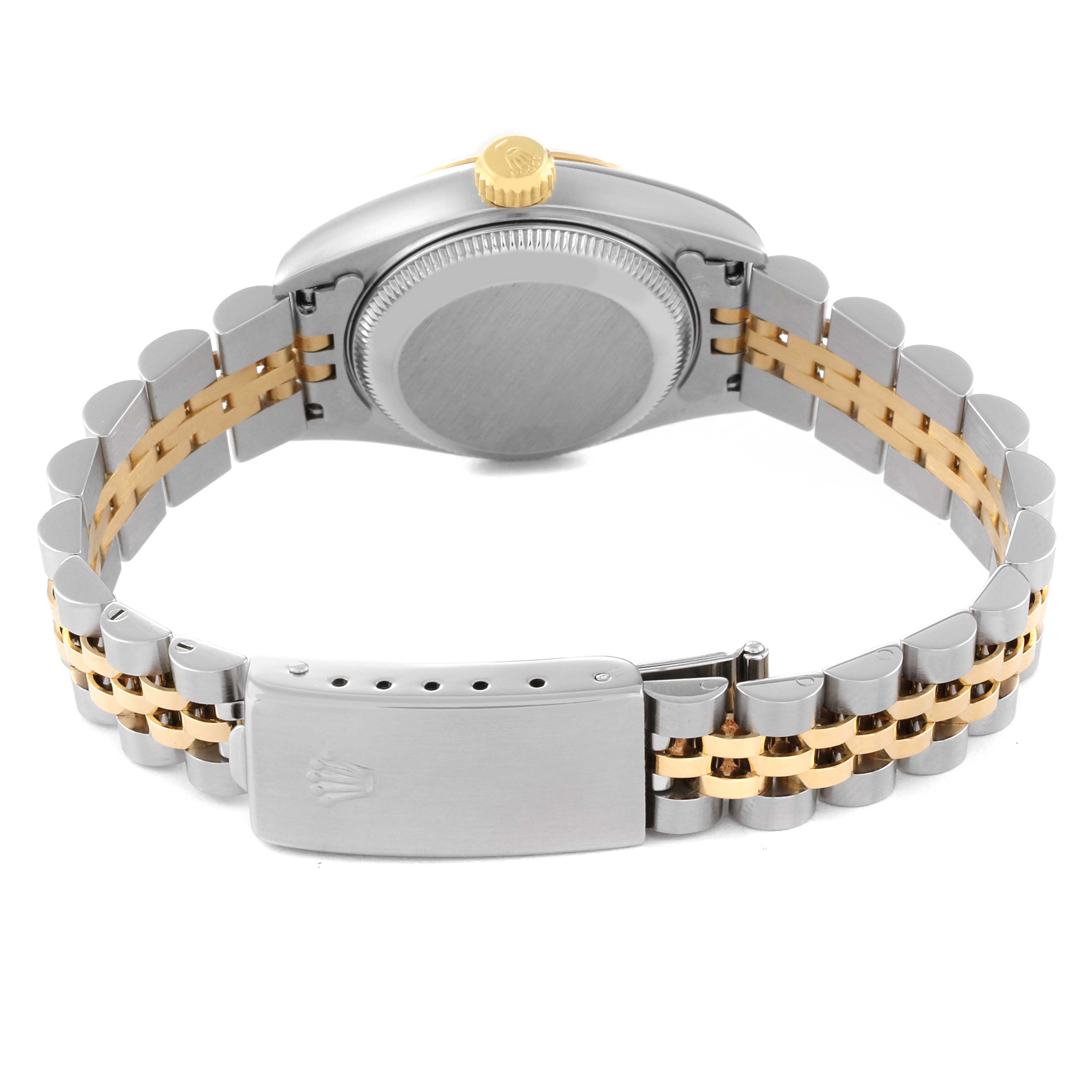 This image shows the back and bracelet of a Rolex Datejust 69173 Women's Steel and Gold (two tone) Champagne Dial 69173 Women's Steel and Gold (two tone) Champagne Dial watch, featuring a two-tone metal bracelet and clasp.