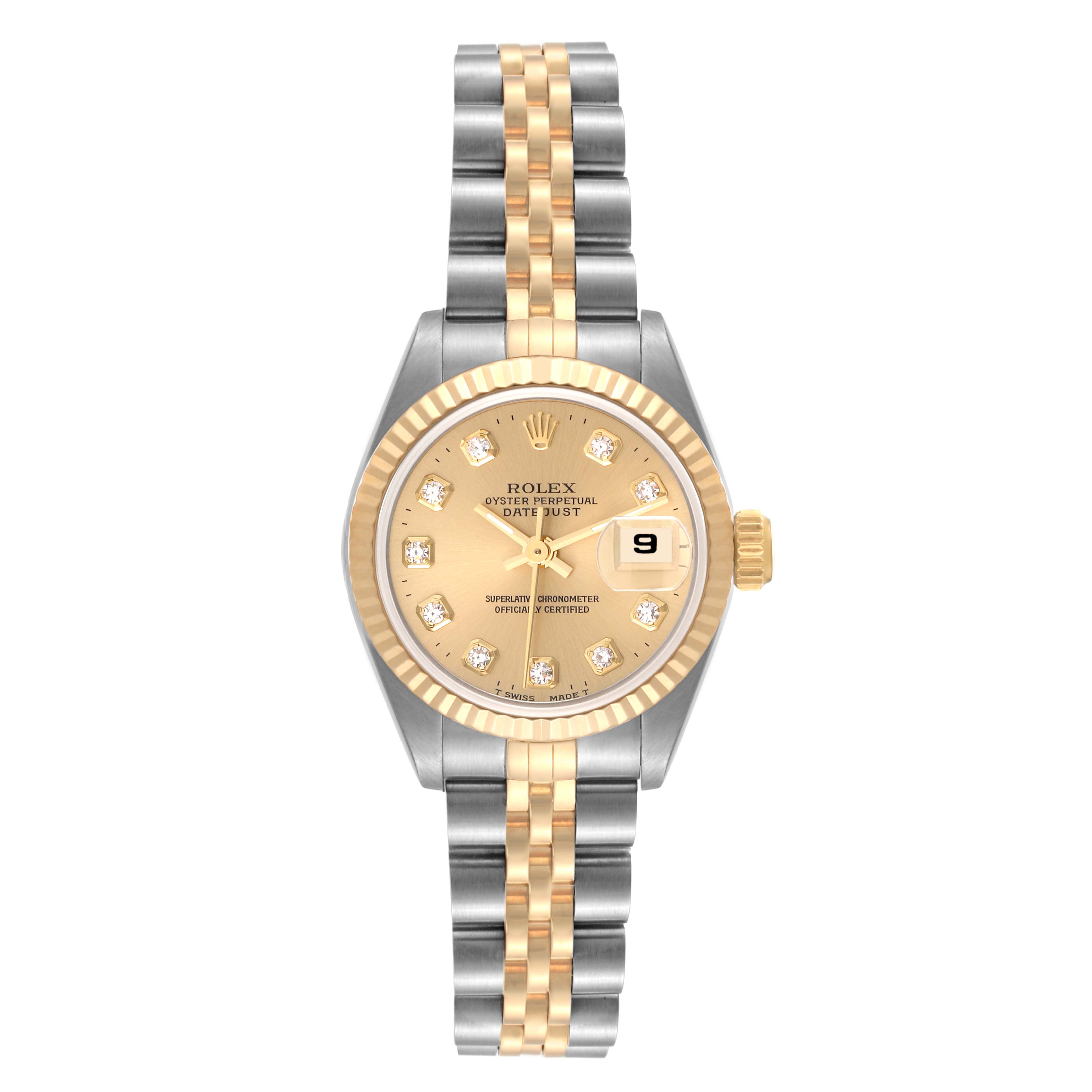 This image shows a Rolex Datejust 69173 Women's Steel and Gold (two tone) Champagne Dial 69173 Women's Steel and Gold (two tone) Champagne Dial watch from the front, displaying its dial, bezel, crown, and bracelet.