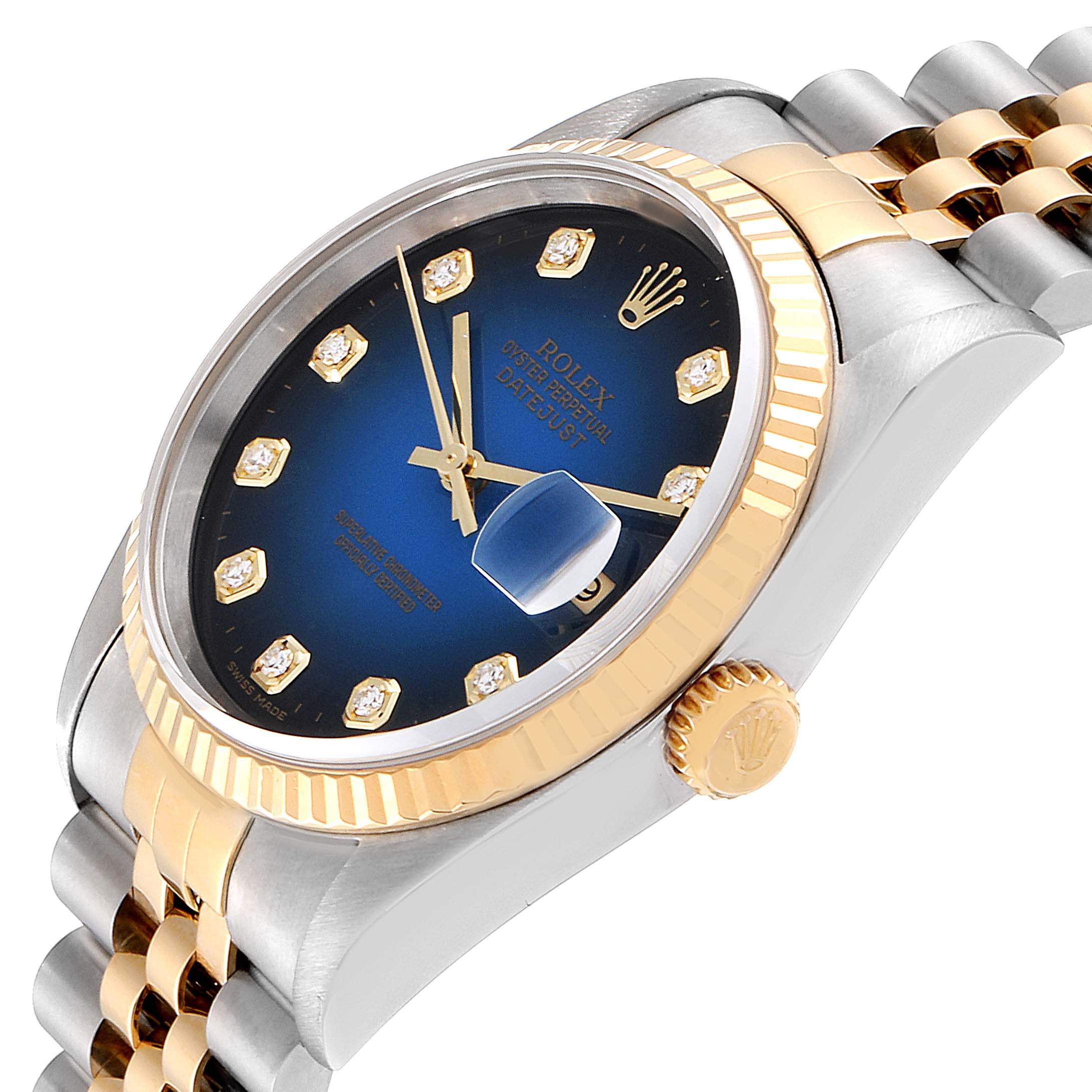 This image shows a close-up of the Rolex Datejust 16233 Men's Steel and Gold (two tone) Blue Dial 16233 Men's Steel and Gold (two tone) Blue Dial watch at an oblique angle, highlighting the bezel, dial, crown, and bracelet.