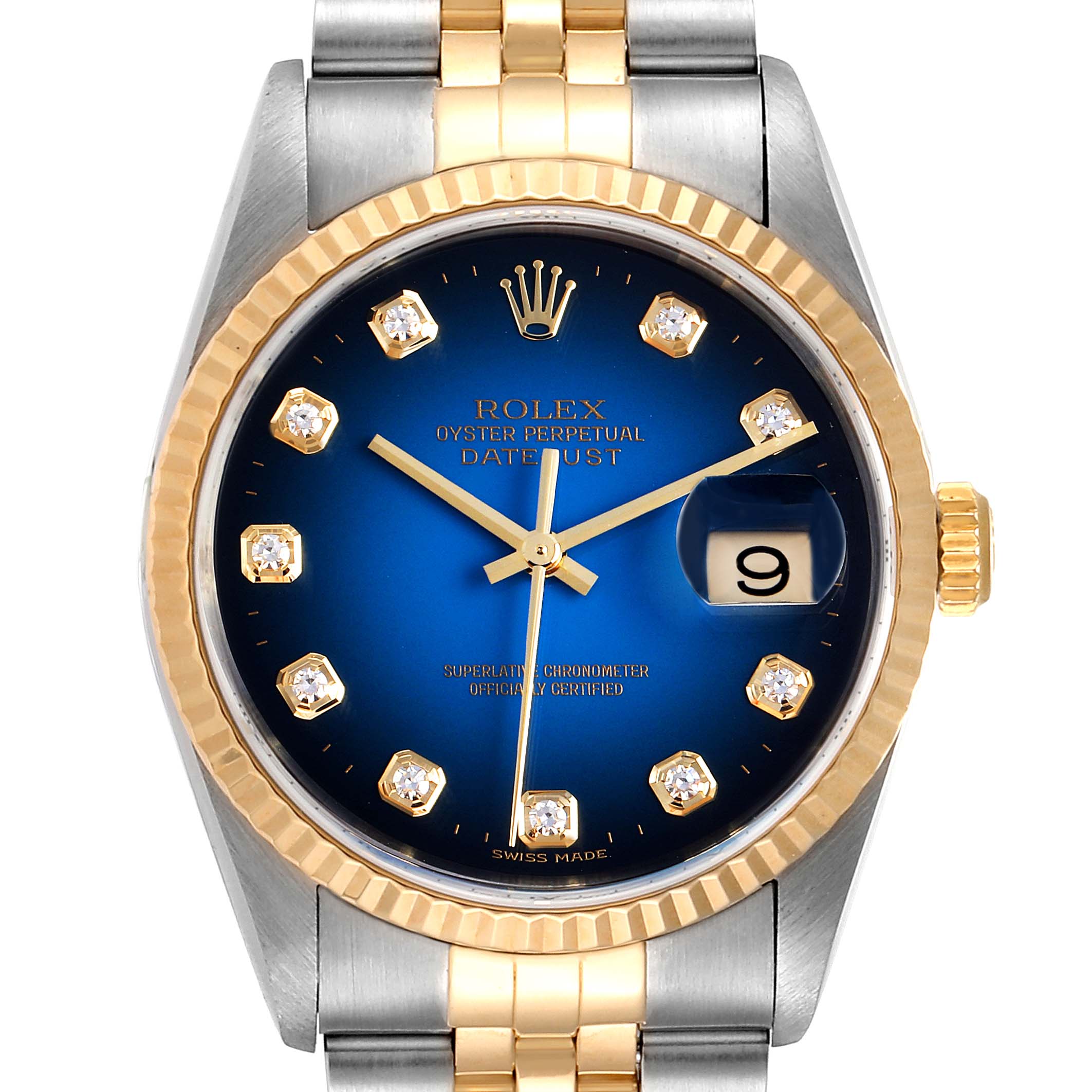 The image shows the front view of the Rolex Datejust 16233 Men's Steel and Gold (two tone) Blue Dial 16233 Men's Steel and Gold (two tone) Blue Dial watch, highlighting its blue dial, diamond hour markers, date window, and two-tone bracelet.