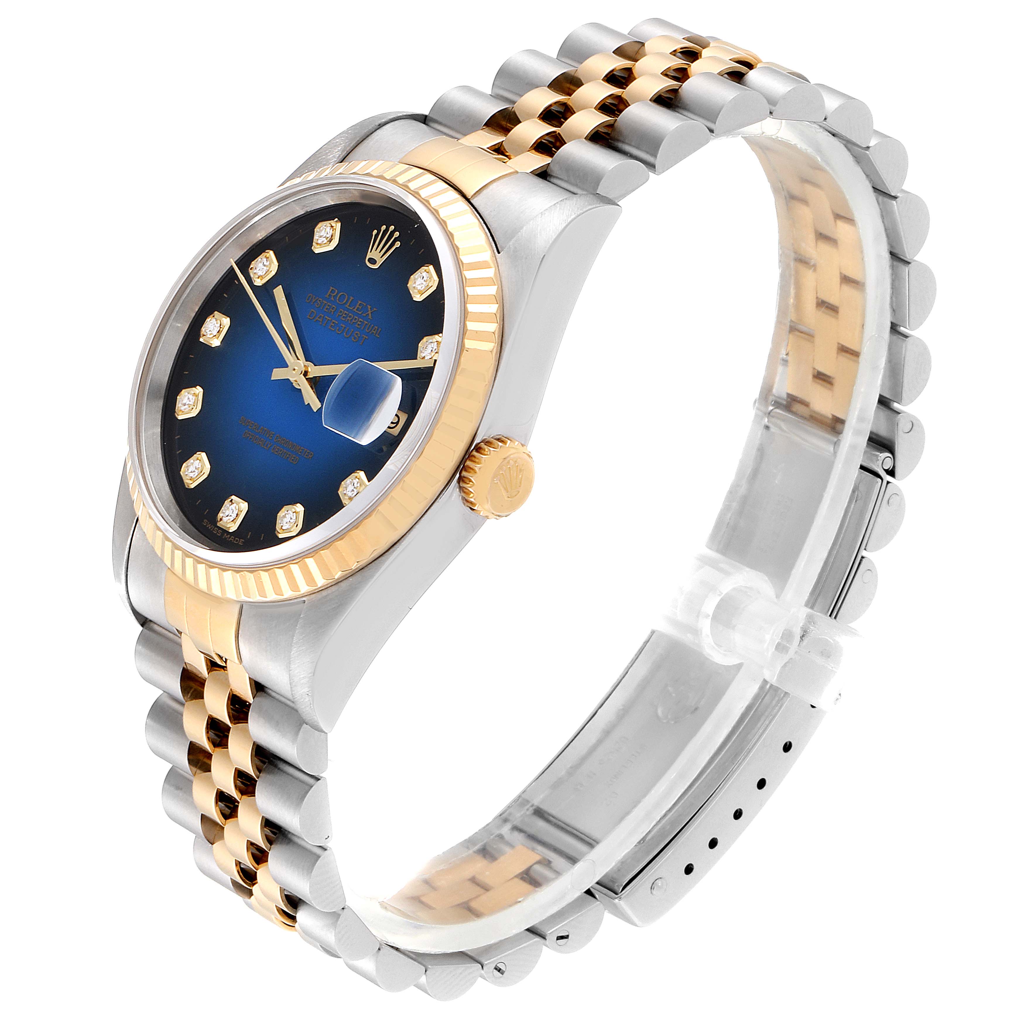 The Rolex Datejust 16233 Men's Steel and Gold (two tone) Blue Dial 16233 Men's Steel and Gold (two tone) Blue Dial watch is shown from an angled side view, highlighting its two-tone bracelet and blue dial.