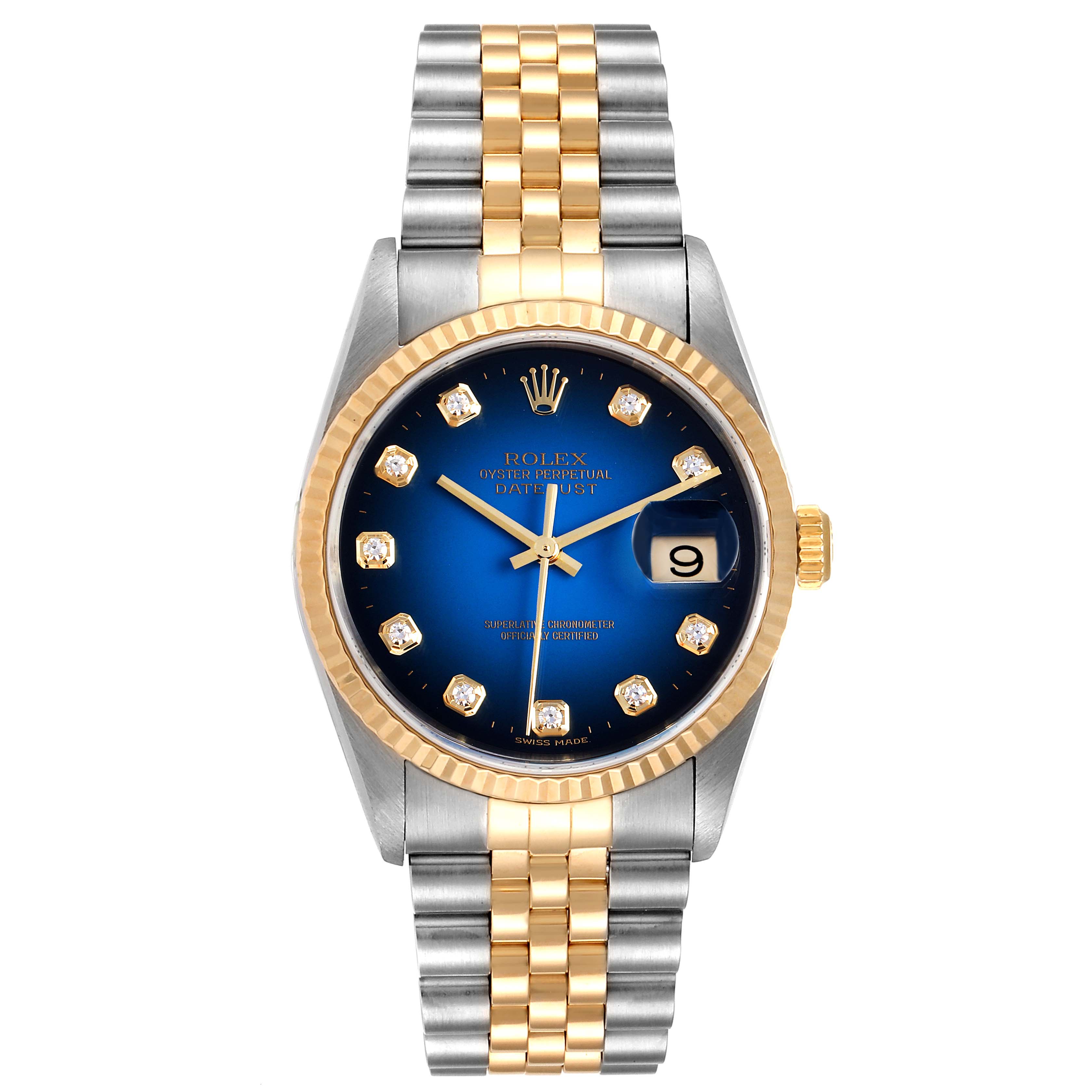 The image shows a Rolex Datejust 16233 Men's Steel and Gold (two tone) Blue Dial 16233 Men's Steel and Gold (two tone) Blue Dial watch from a top-down angle, highlighting its blue dial, gold bezel, and two-tone bracelet.