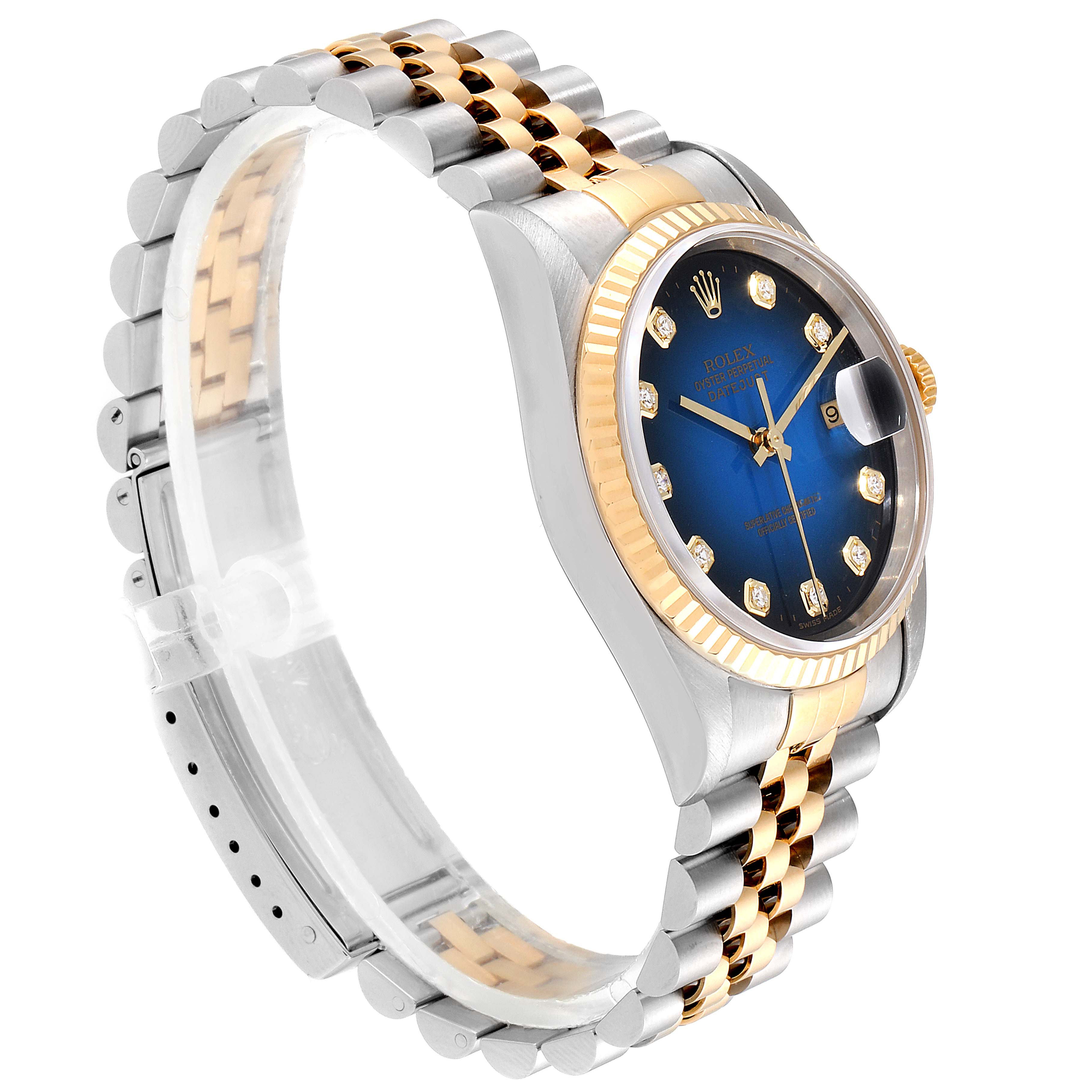 The Rolex Datejust 16233 Men's Steel and Gold (two tone) Blue Dial 16233 Men's Steel and Gold (two tone) Blue Dial watch is shown at a three-quarter angle, highlighting its face, bezel, and two-tone bracelet.
