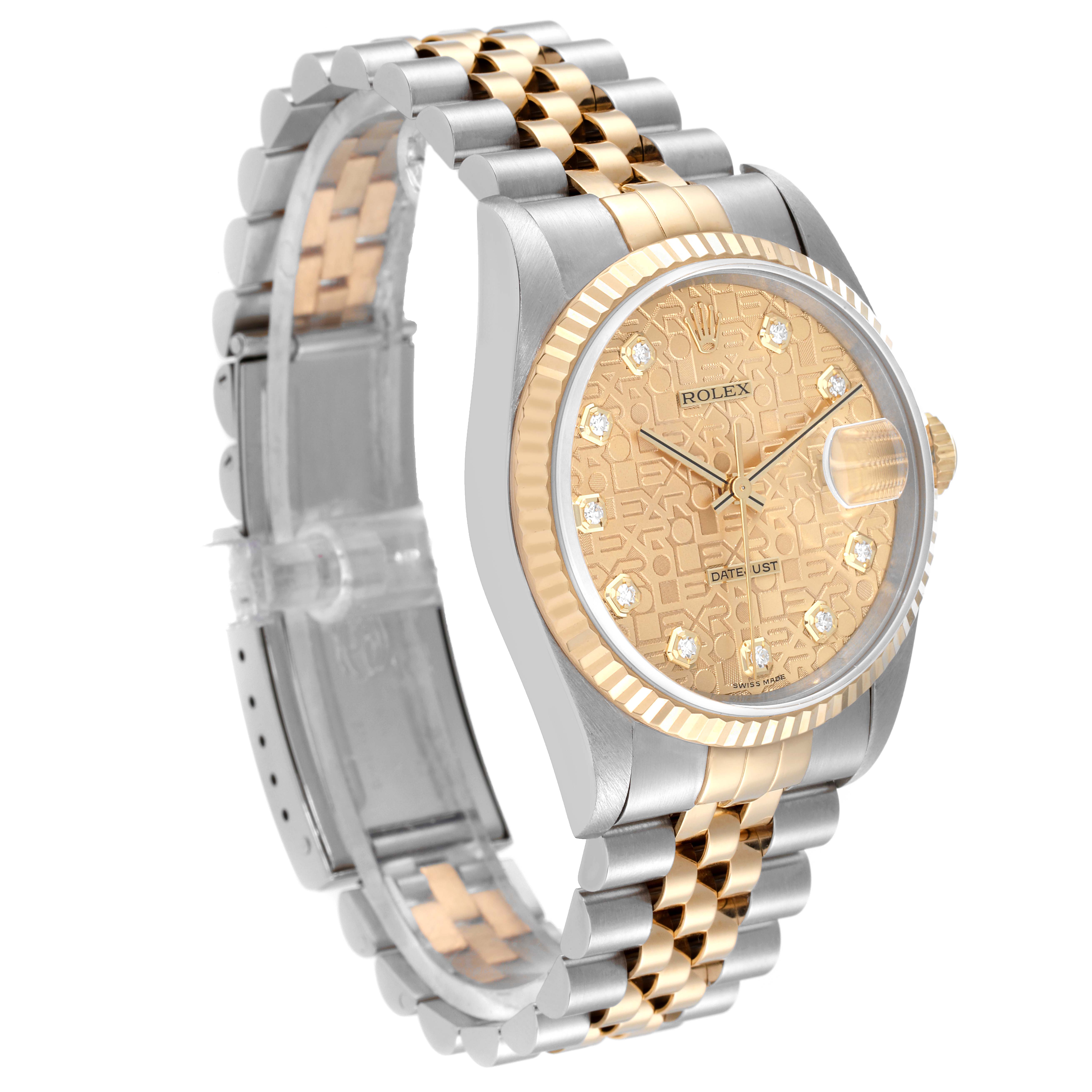 The Rolex Datejust 16233 Men's Steel and Gold (two tone) Champagne Dial 16233 Men's Steel and Gold (two tone) Champagne Dial watch is shown at a three-quarter angle, displaying the dial, bezel, and bracelet.