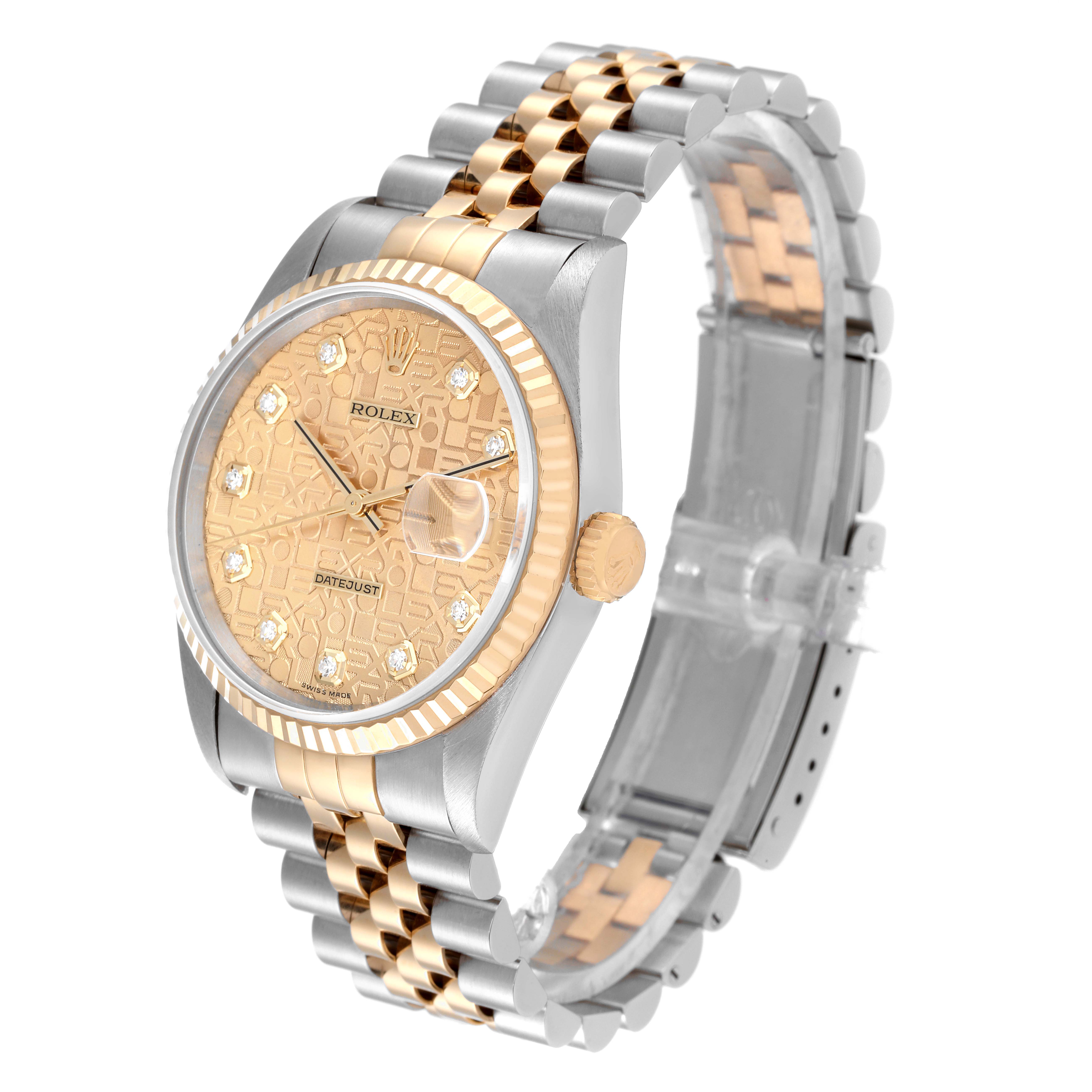 This image shows a Rolex Datejust 16233 Men's Steel and Gold (two tone) Champagne Dial 16233 Men's Steel and Gold (two tone) Champagne Dial watch at a slight angle, highlighting the dial, bezel, bracelet, and crown.