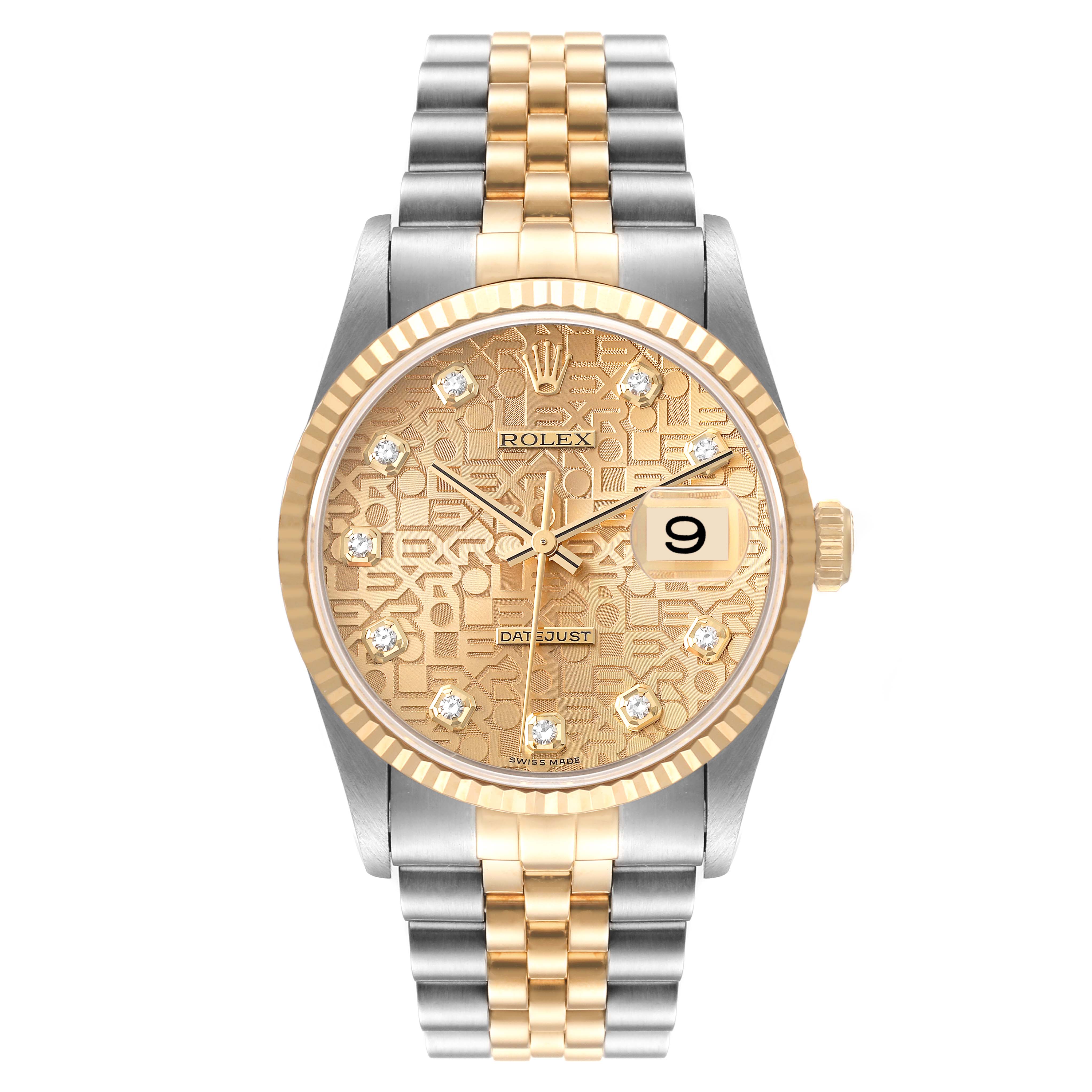 This Rolex Datejust 16233 Men's Steel and Gold (two tone) Champagne Dial 16233 Men's Steel and Gold (two tone) Champagne Dial watch is shown from a front angle, displaying its face, gold and silver bracelet, and fluted bezel.