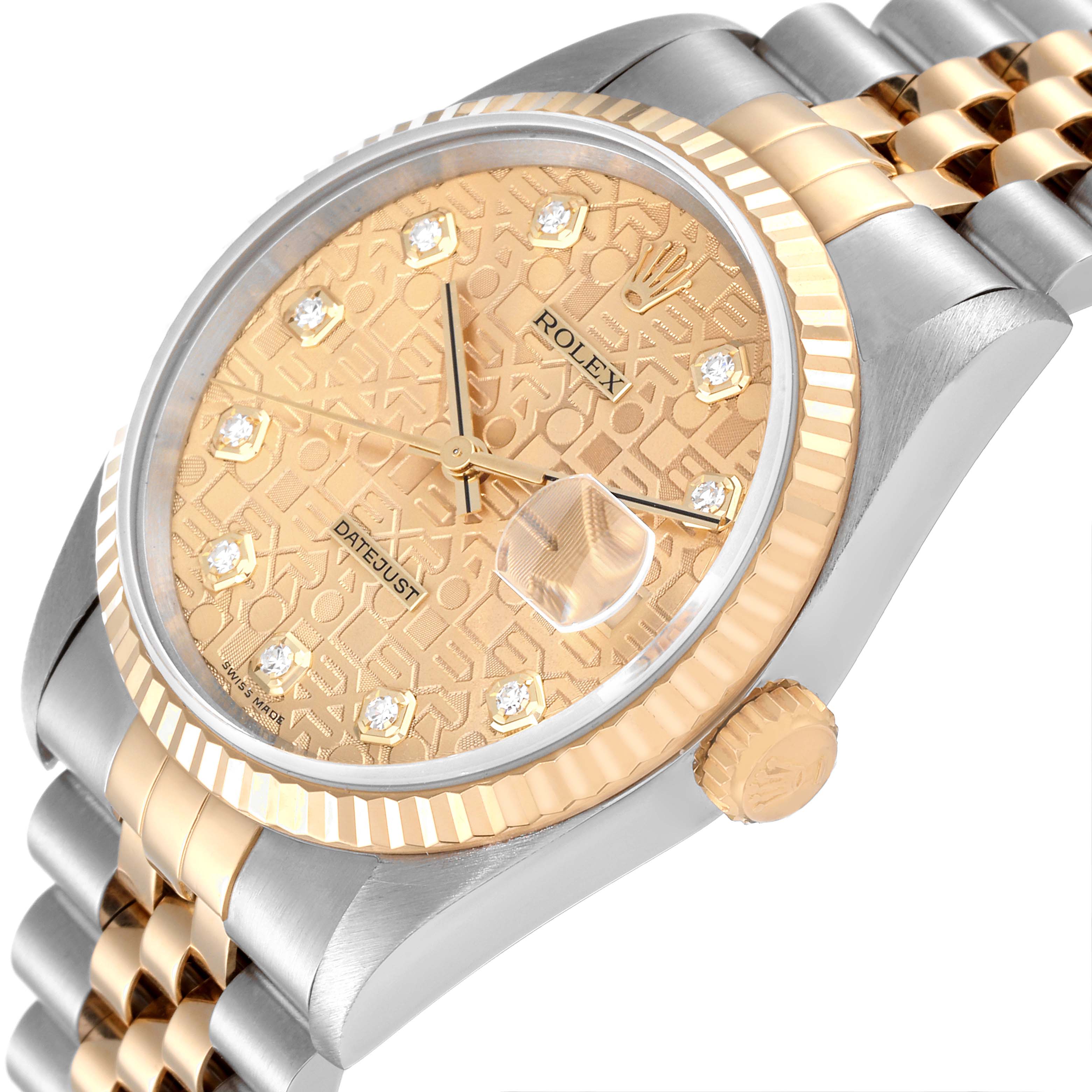This image shows the dial, bezel, bracelet, and crown of the Rolex Datejust 16233 Men's Steel and Gold (two tone) Champagne Dial 16233 Men's Steel and Gold (two tone) Champagne Dial watch at a tilted angle.