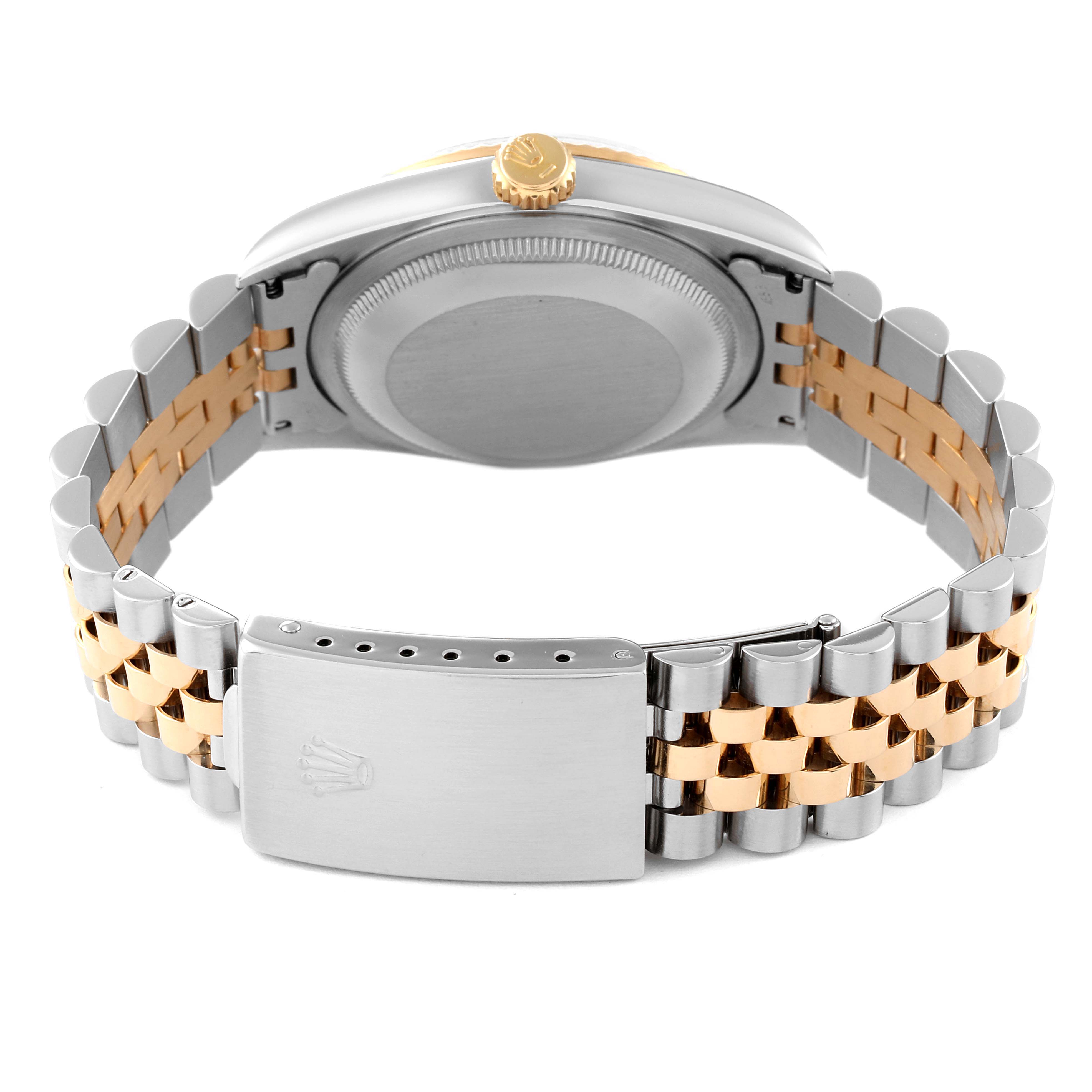 The image shows the back of a Rolex Datejust 16233 Men's Steel and Gold (two tone) Champagne Dial 16233 Men's Steel and Gold (two tone) Champagne Dial watch, highlighting the case back and the two-toned Jubilee bracelet with a clasp.
