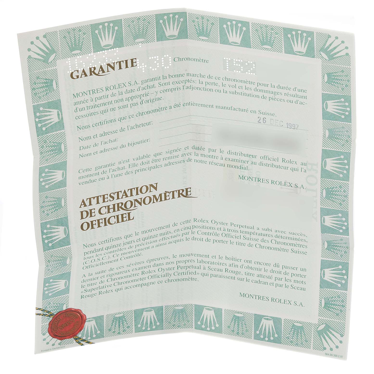 This image shows a Rolex Datejust 16233 Men's Steel and Gold (two tone) Champagne Dial 16233 Men's Steel and Gold (two tone) Champagne Dial warranty document displayed flat and at an angled view.