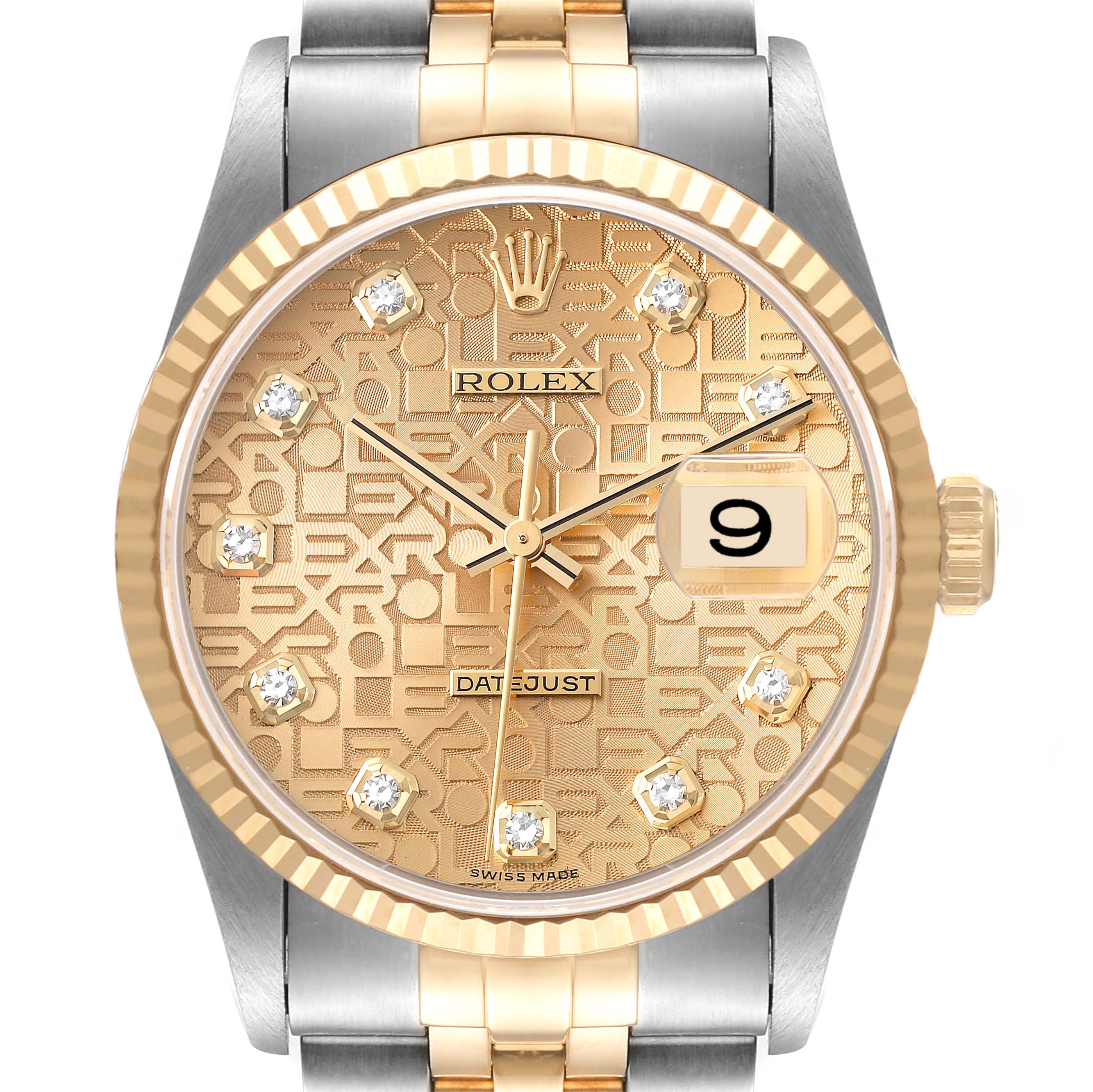The Rolex Datejust 16233 Men's Steel and Gold (two tone) Champagne Dial 16233 Men's Steel and Gold (two tone) Champagne Dial watch is shown from the front, displaying its dial, hands, bezel, and part of the bracelet.