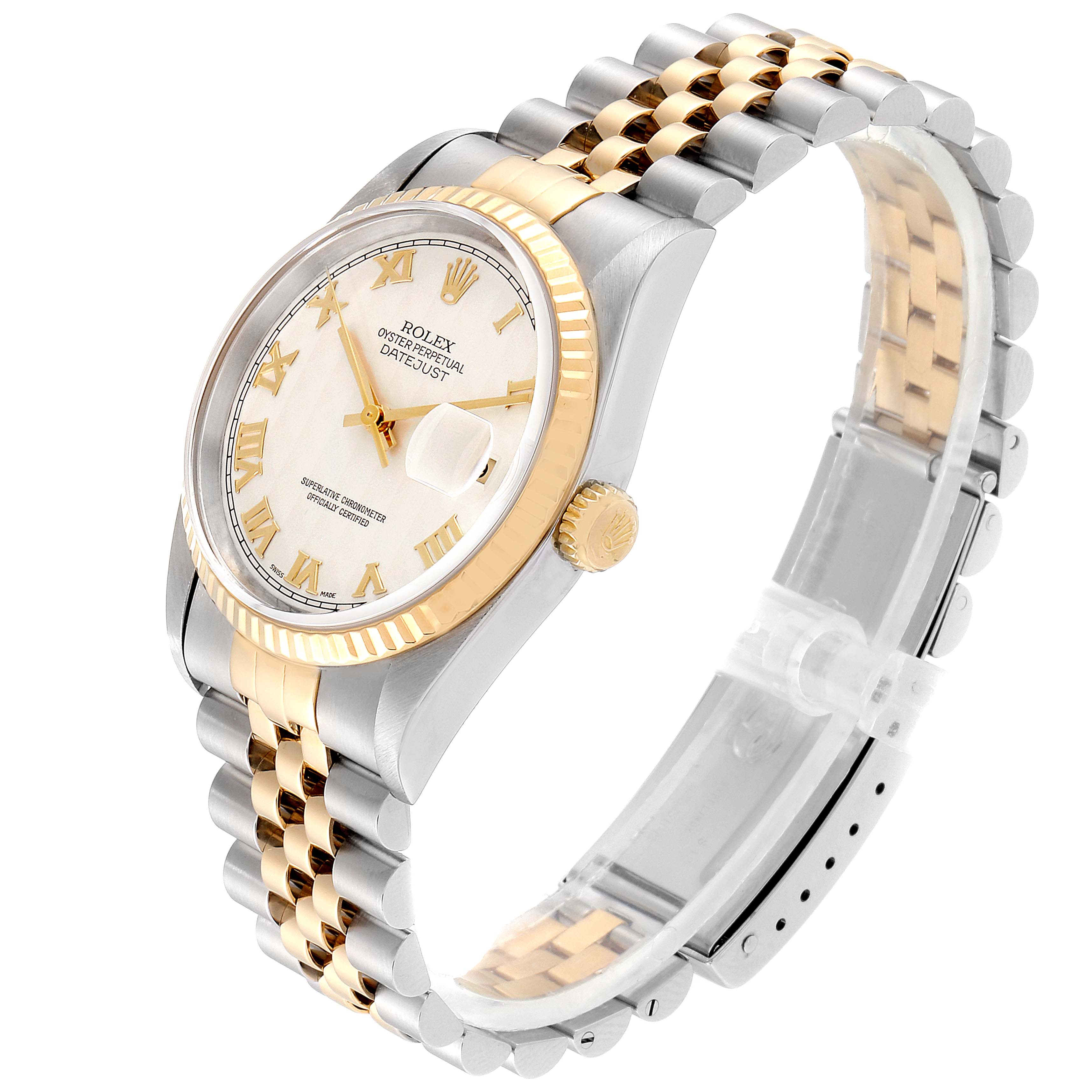 This image shows a Rolex Datejust 16233 Men's Steel and Gold (two tone) Beige Dial 16233 Men's Steel and Gold (two tone) Beige Dial watch from an angled side view, highlighting the face, crown, and two-tone bracelet.