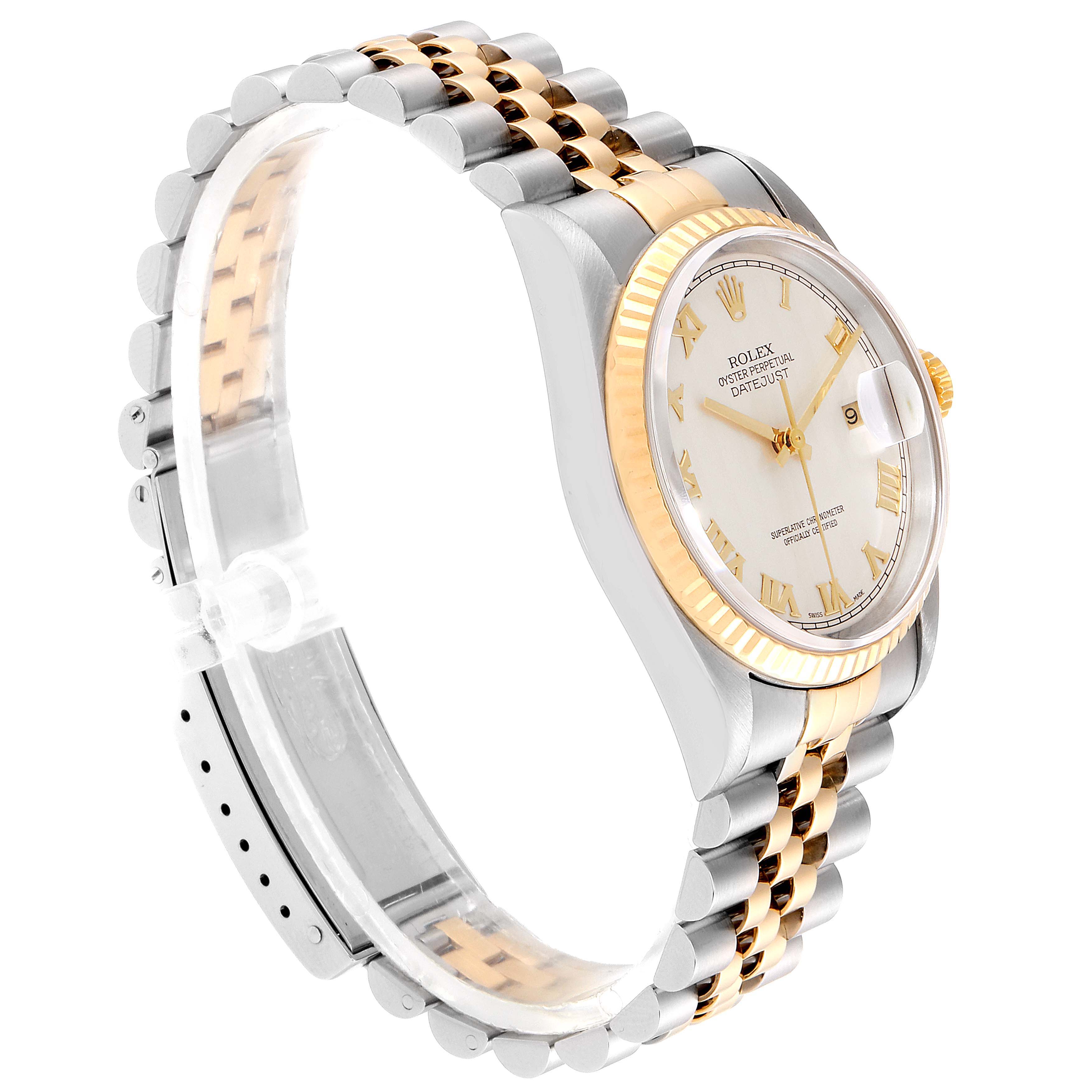 The image shows a side angle of the Rolex Datejust 16233 Men's Steel and Gold (two tone) Beige Dial 16233 Men's Steel and Gold (two tone) Beige Dial, highlighting its band, bezel, and dial.
