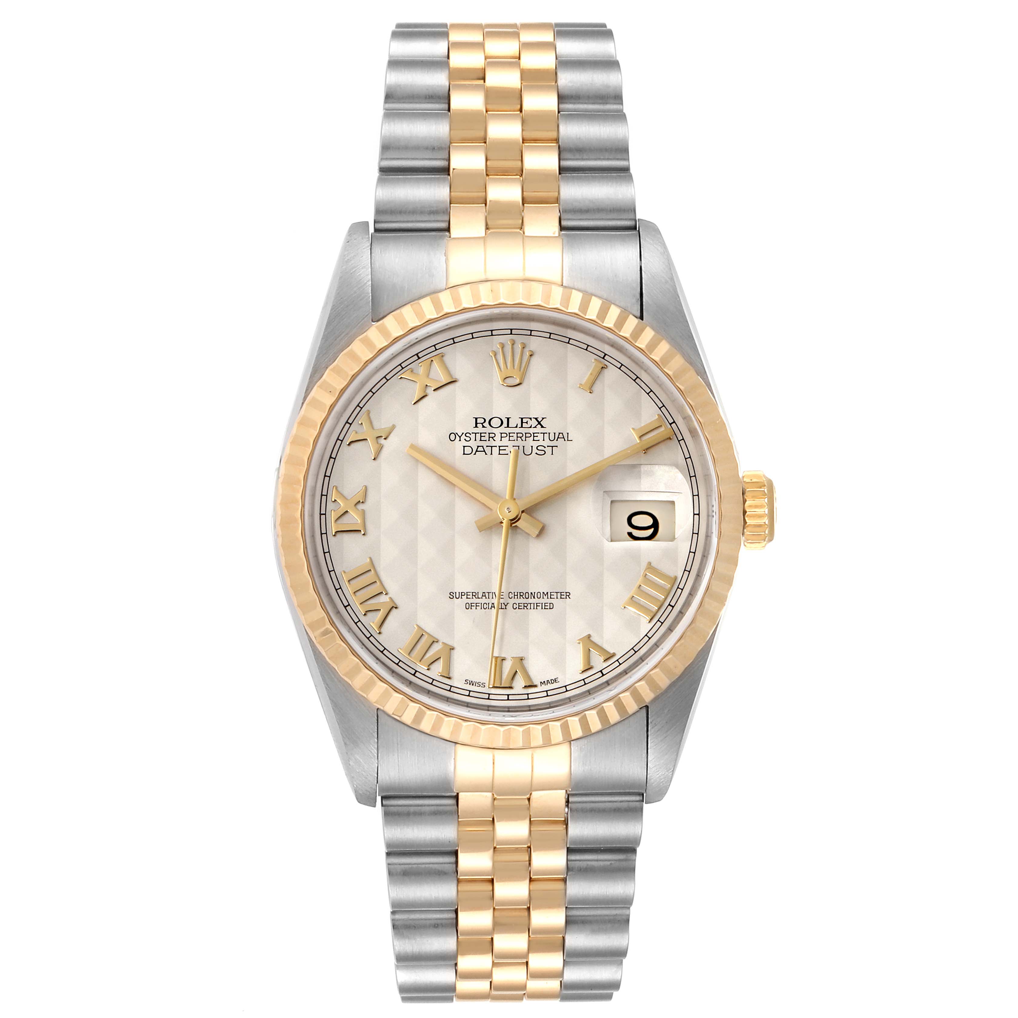 The Rolex Datejust 16233 Men's Steel and Gold (two tone) Beige Dial 16233 Men's Steel and Gold (two tone) Beige Dial watch is shown from the front, highlighting the dial, bezel, bracelet, and crown.