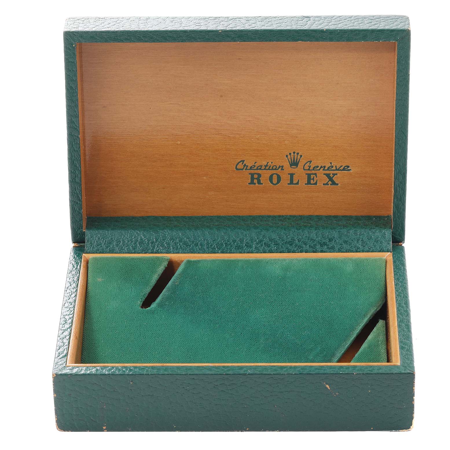 The image shows an open green and wood Rolex watch box for the Vintage Collection model, without the watch inside.