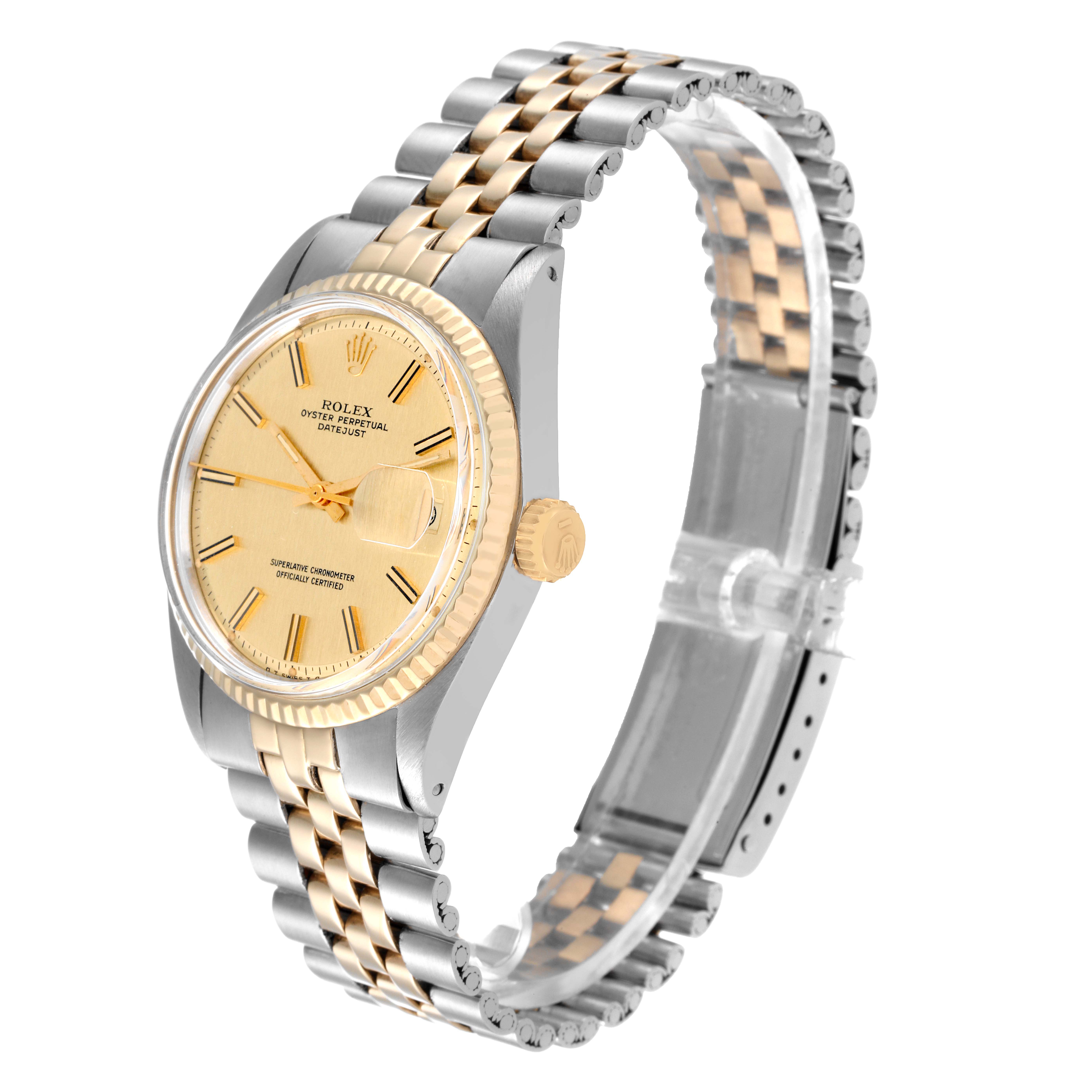The Rolex Vintage Collection 1601 Men
s Steel and Gold (two tone) Champagne Dial 1601 Men
s Steel and Gold (two tone) Champagne Dial watch is shown from an angled front view, highlighting the dial, case, crown, and two-tone bracelet.