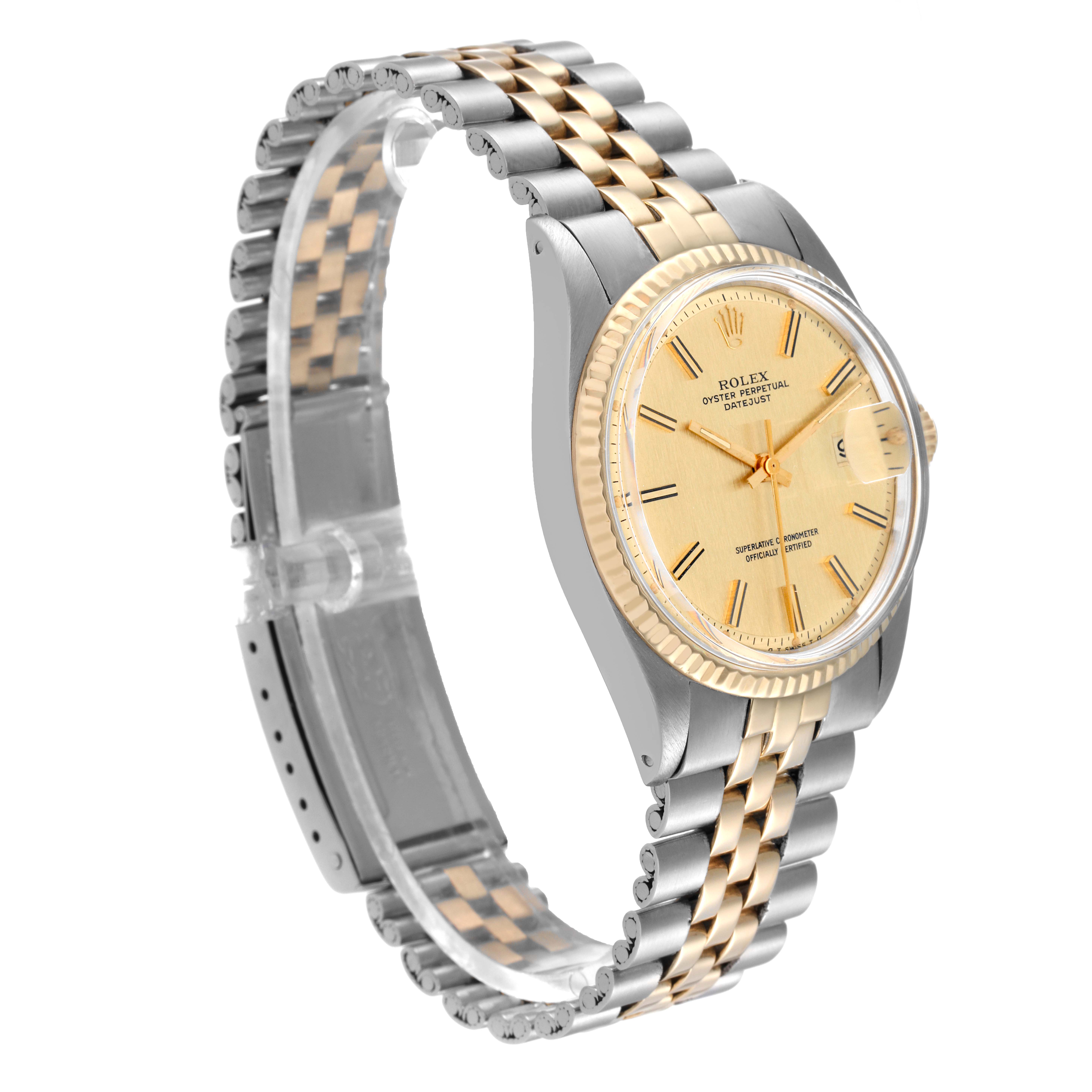The image shows a Rolex Vintage Collection 1601 Men
s Steel and Gold (two tone) Champagne Dial 1601 Men
s Steel and Gold (two tone) Champagne Dial watch at a three-quarter angle, highlighting the gold and silver bracelet, bezel, and face.