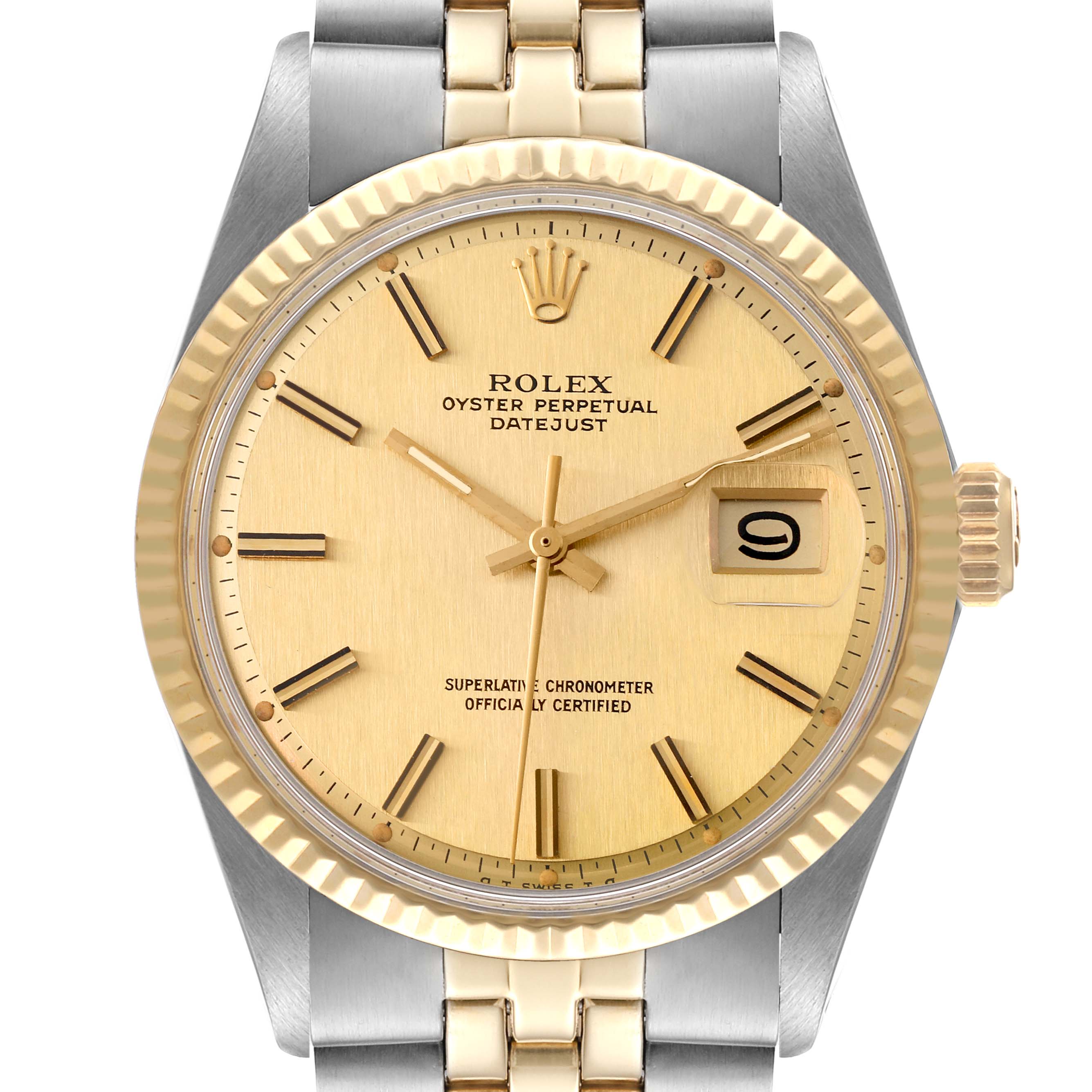 This image shows a close-up front view of a Rolex Vintage Collection 1601 Men
s Steel and Gold (two tone) Champagne Dial 1601 Men
s Steel and Gold (two tone) Champagne Dial Oyster Perpetual Datejust watch, highlighting its dial and bezel.