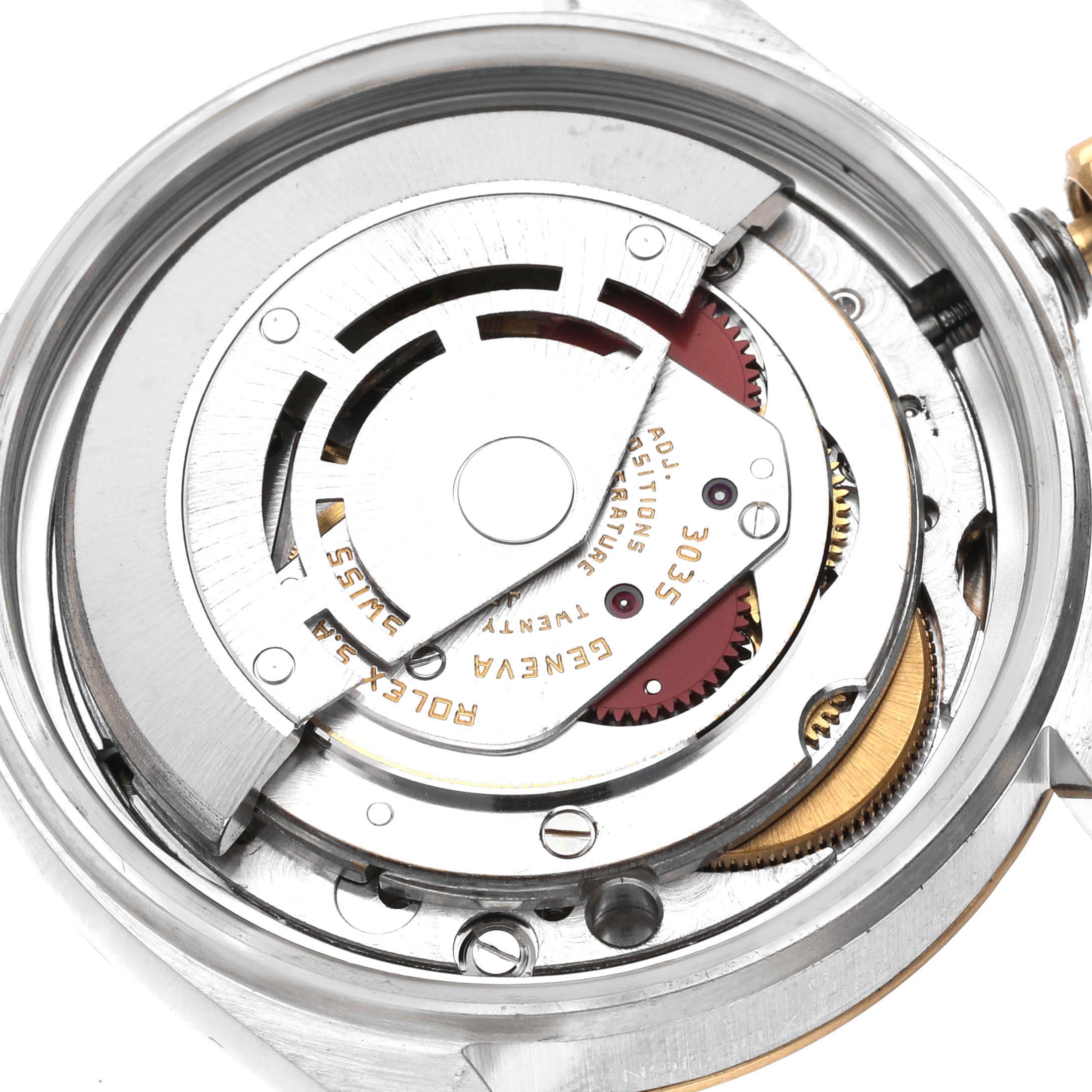 This image shows the internal movement mechanism of a Rolex Vintage Collection 16013 Men's Steel and Gold (two tone) Champagne Dial 16013 Men's Steel and Gold (two tone) Champagne Dial watch from a close-up top-down angle.