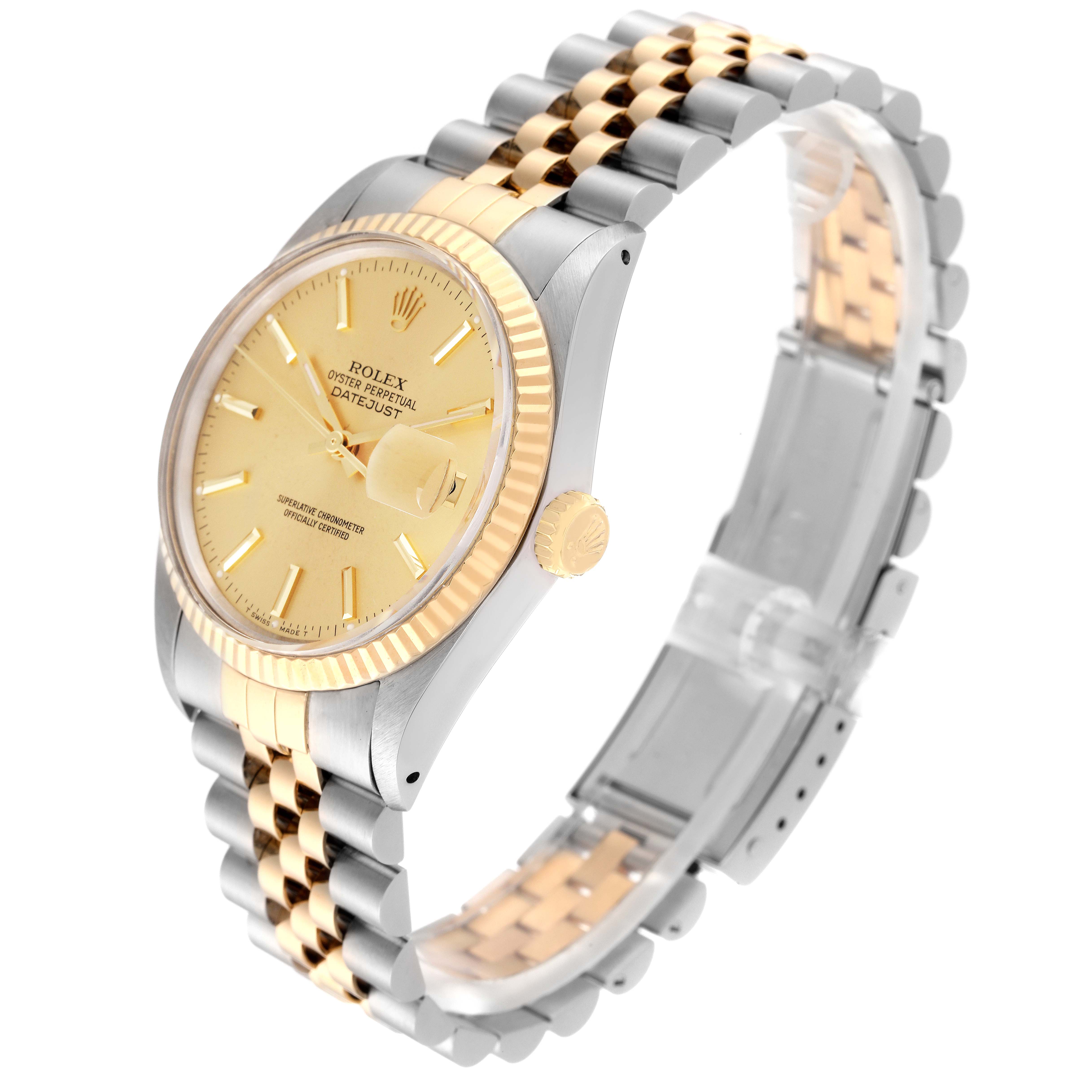 The Rolex Vintage Collection 16013 Men's Steel and Gold (two tone) Champagne Dial 16013 Men's Steel and Gold (two tone) Champagne Dial watch is shown at a 3/4 angle, highlighting the gold dial, bezel, crown, and two-tone bracelet.
