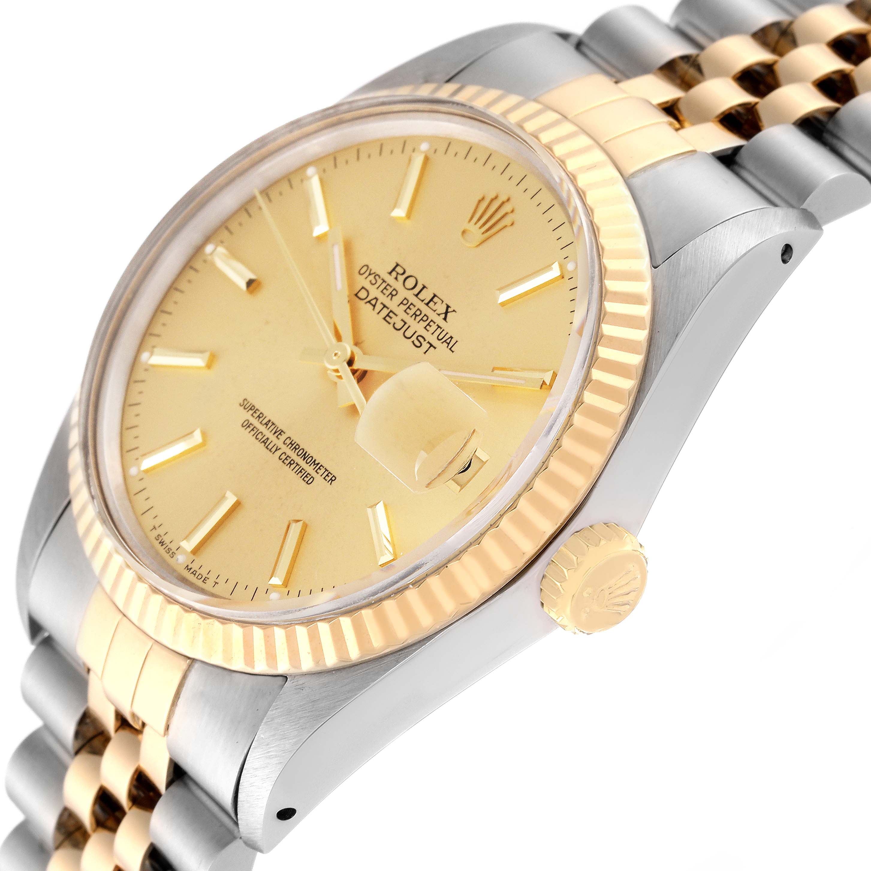 This image shows a close-up of the Rolex Vintage Collection 16013 Men's Steel and Gold (two tone) Champagne Dial 16013 Men's Steel and Gold (two tone) Champagne Dial Datejust watch, focusing on the dial, bezel, and bracelet from a side angle.