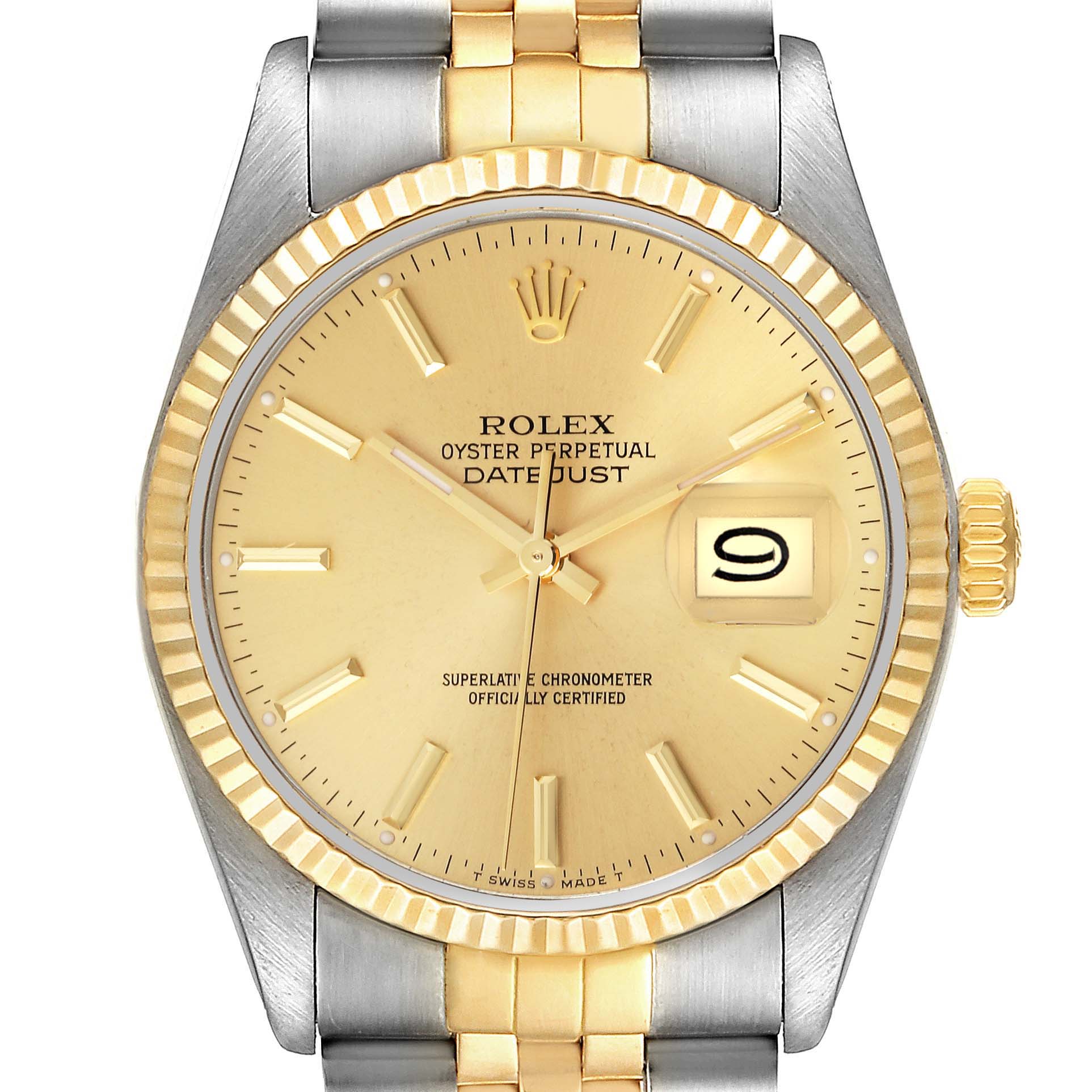 This is a frontal view of the Rolex Vintage Collection 16013 Men's Steel and Gold (two tone) Champagne Dial 16013 Men's Steel and Gold (two tone) Champagne Dial Datejust, showing the dial, bezel, and part of the bracelet.