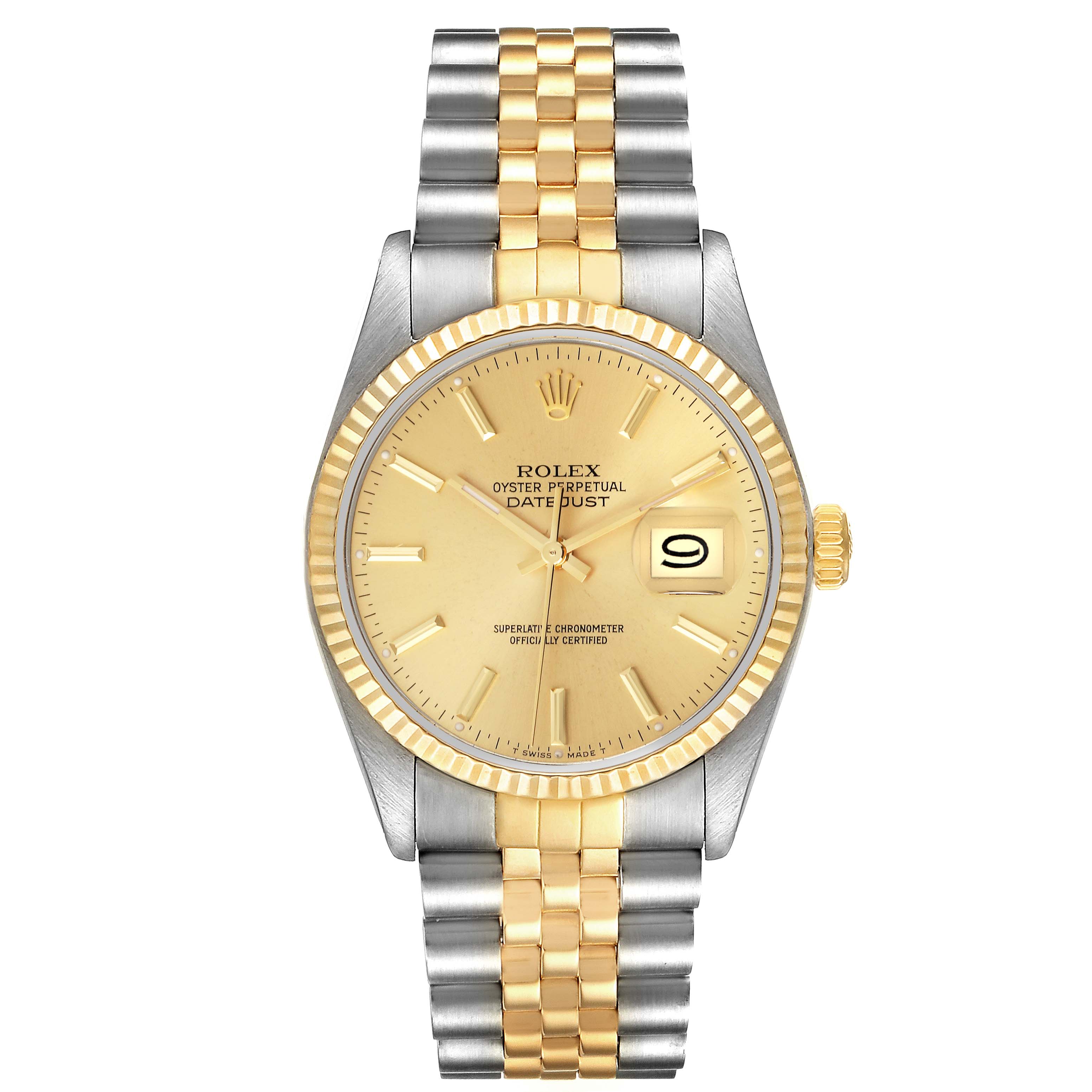 The image shows a Rolex Vintage Collection 16013 Men's Steel and Gold (two tone) Champagne Dial 16013 Men's Steel and Gold (two tone) Champagne Dial model watch at a front angle, showcasing its face, dial, bezel, and bracelet.