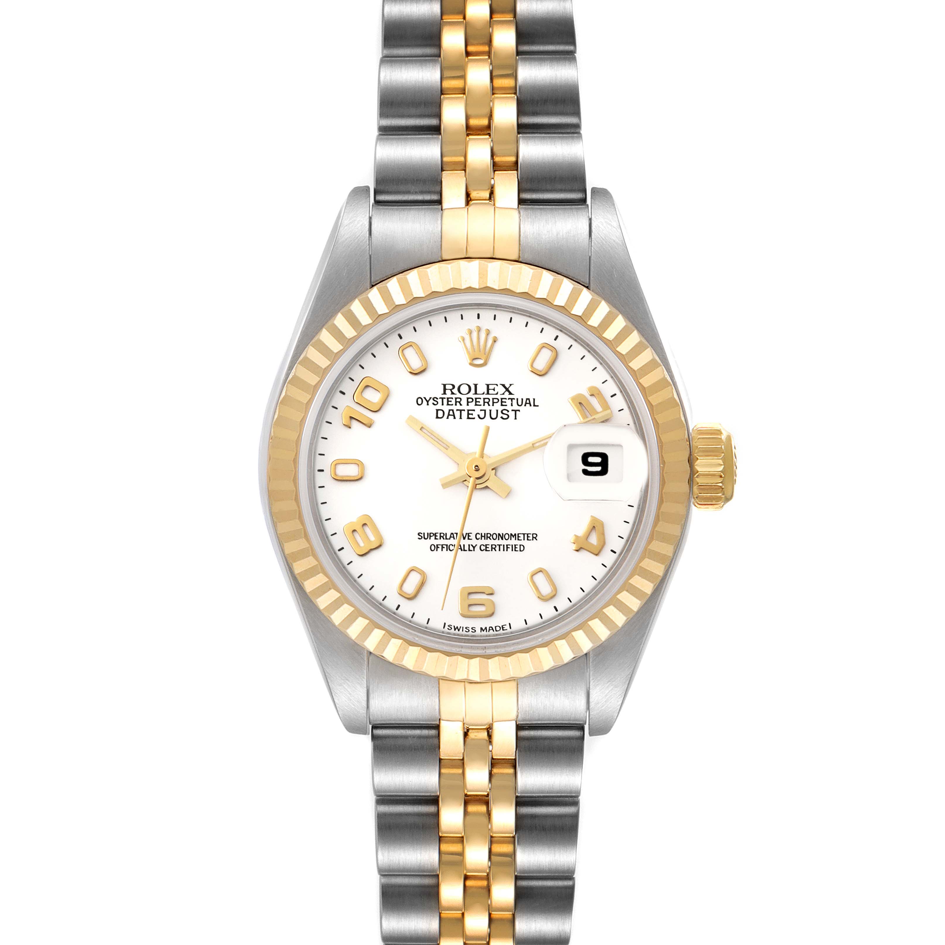 This Rolex Datejust 79173 Women's Steel and Gold (two tone) White Dial 79173 Women's Steel and Gold (two tone) White Dial watch is shown from a straight-on angle highlighting the dial, bezel, case, and bracelet.