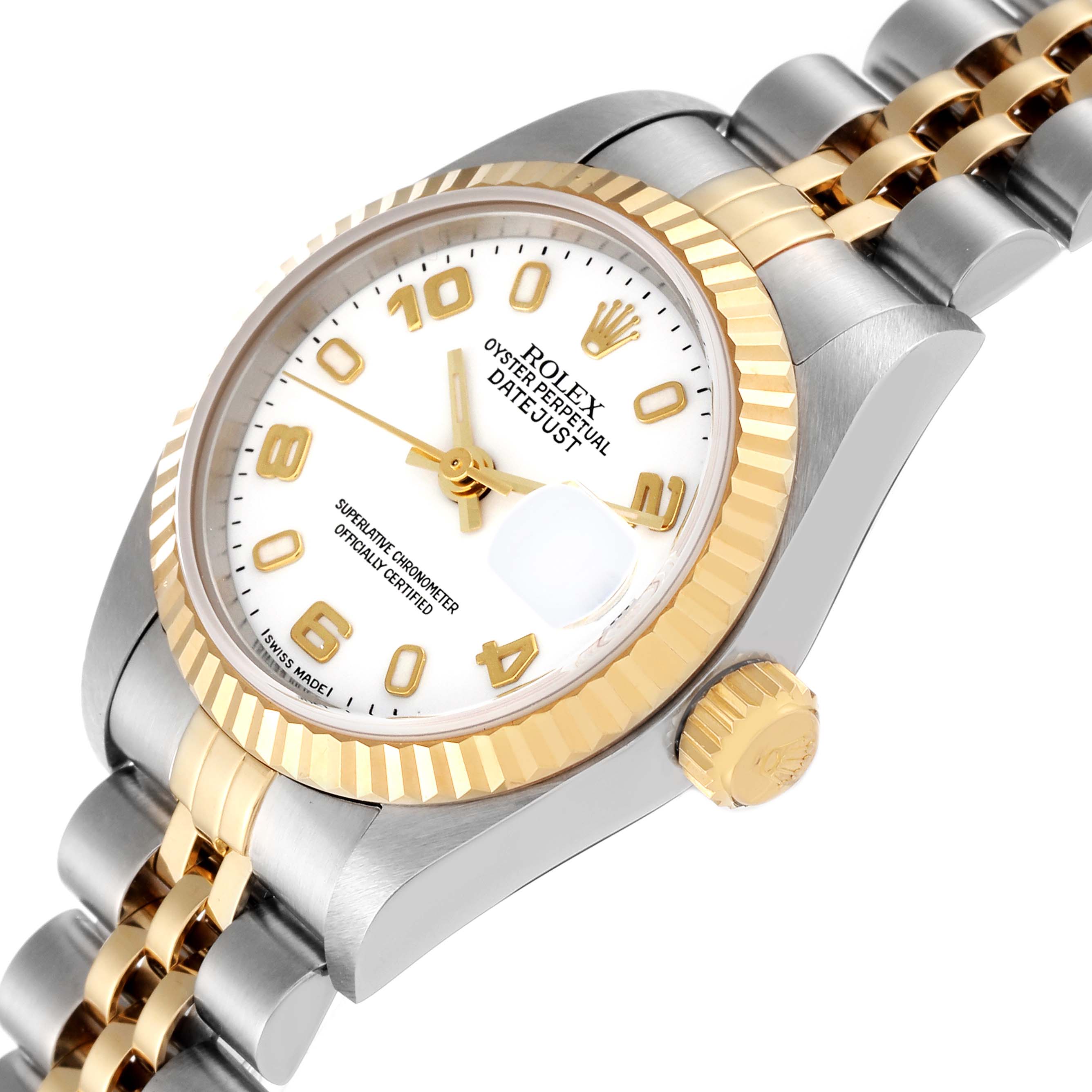 The image shows a close-up side angle of a Rolex Datejust 79173 Women's Steel and Gold (two tone) White Dial 79173 Women's Steel and Gold (two tone) White Dial watch, highlighting the dial, bezel, crown, and bracelet.