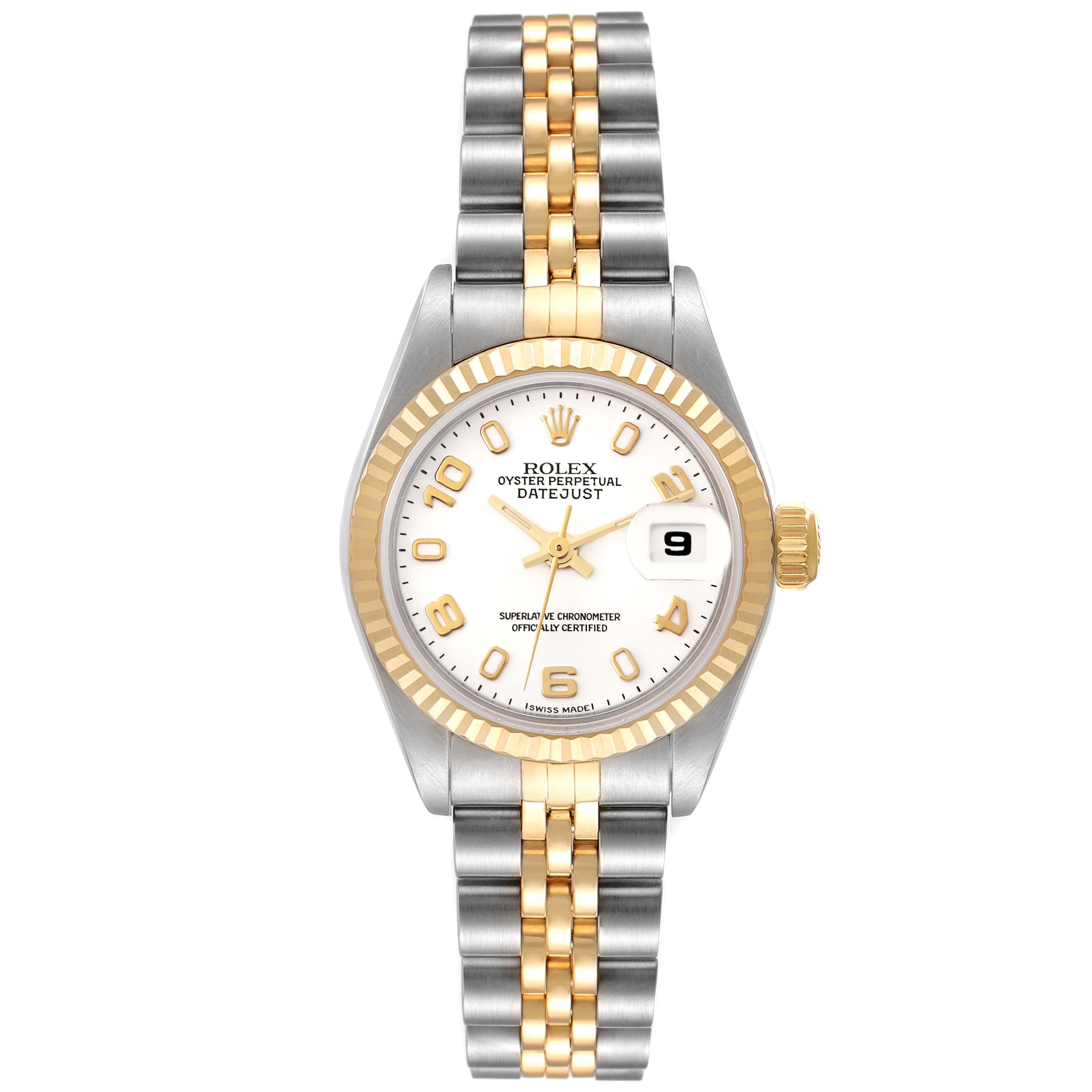This image shows a front view of a Rolex Datejust 79173 Women's Steel and Gold (two tone) White Dial 79173 Women's Steel and Gold (two tone) White Dial watch with a two-tone bracelet and a white dial.