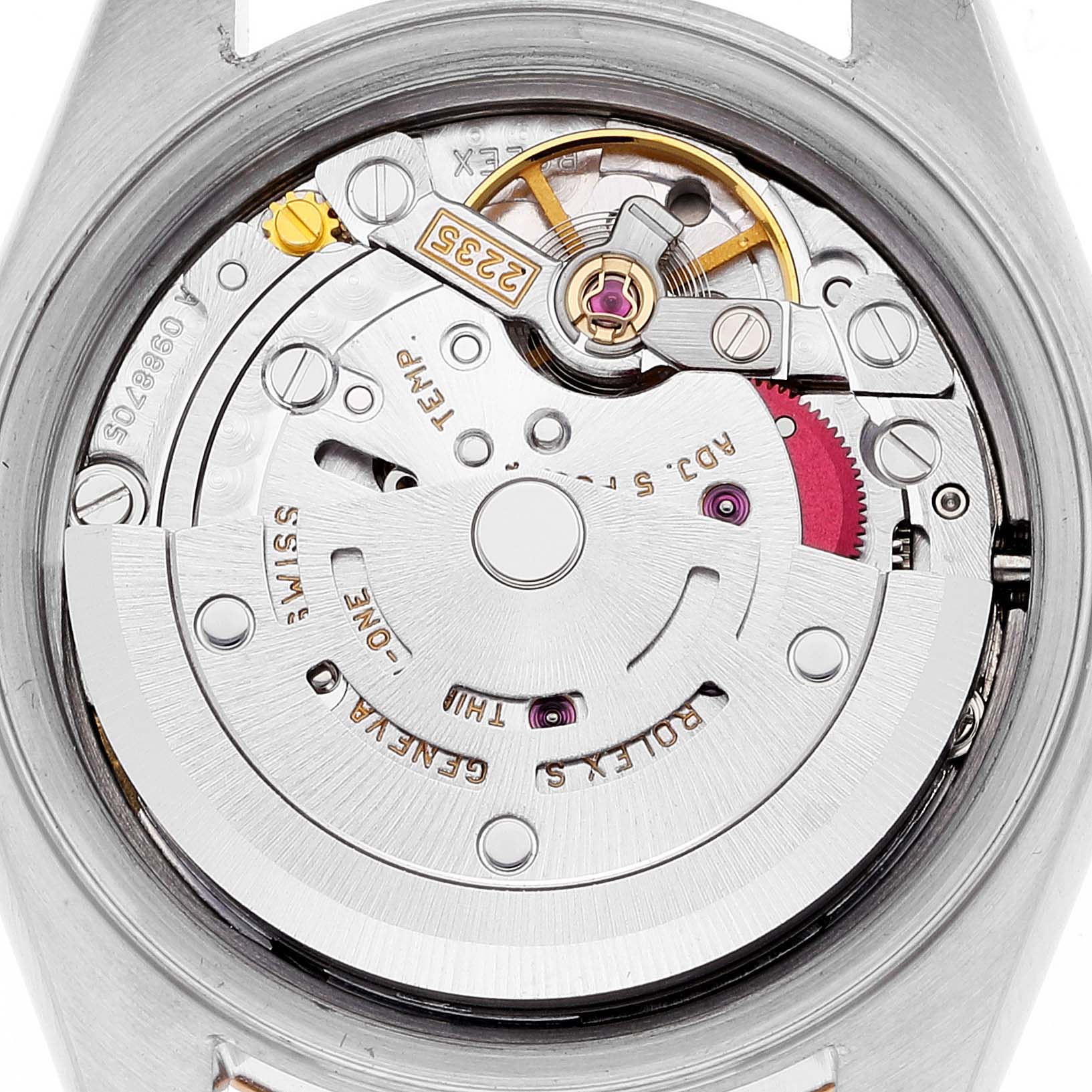 This image shows the intricate internal mechanism of a Rolex Datejust 79173 Women's Steel and Gold (two tone) White Dial 79173 Women's Steel and Gold (two tone) White Dial watch from a top-down angle.