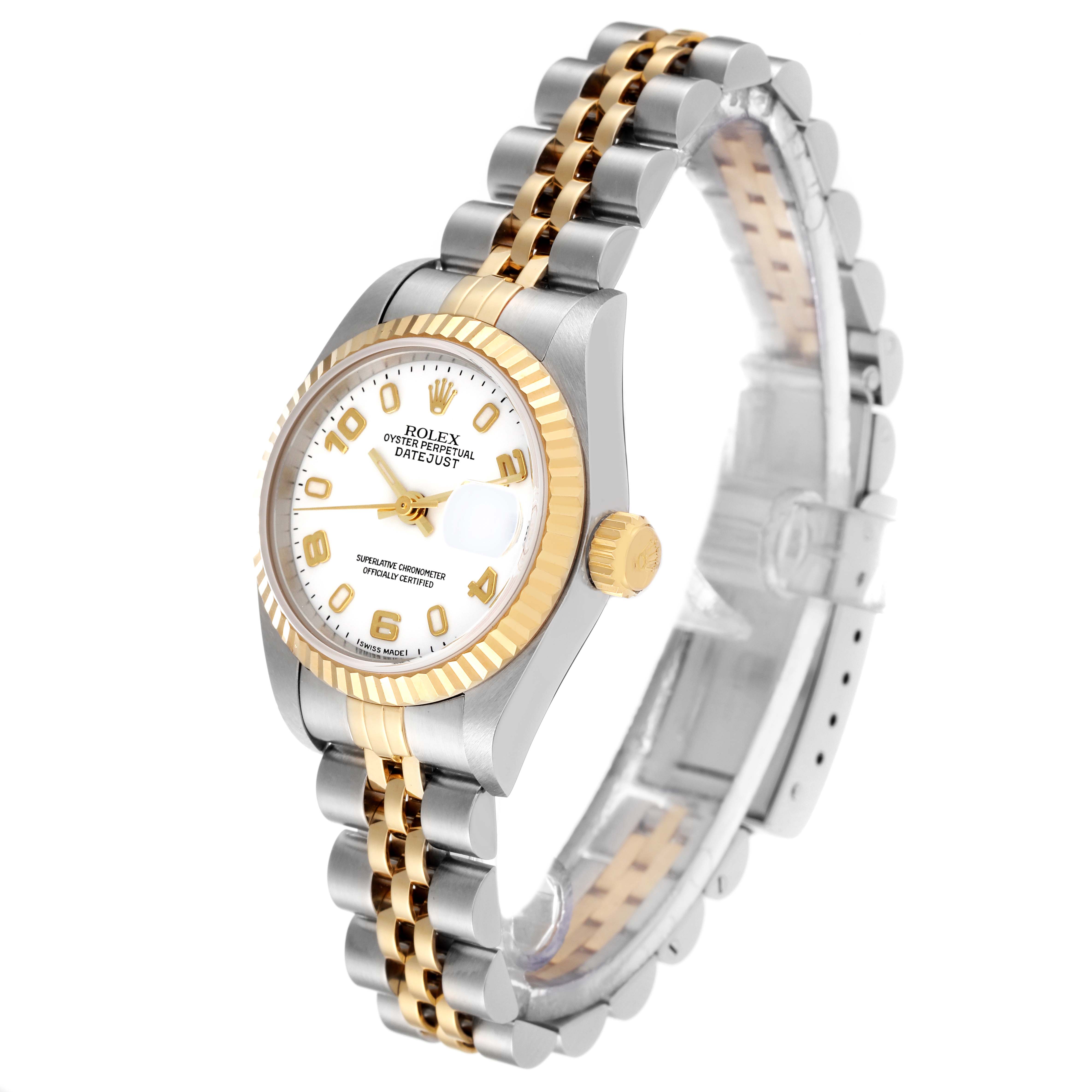 This image shows a Rolex Datejust 79173 Women's Steel and Gold (two tone) White Dial 79173 Women's Steel and Gold (two tone) White Dial watch at an oblique angle, highlighting its two-tone bracelet, bezel, and face.