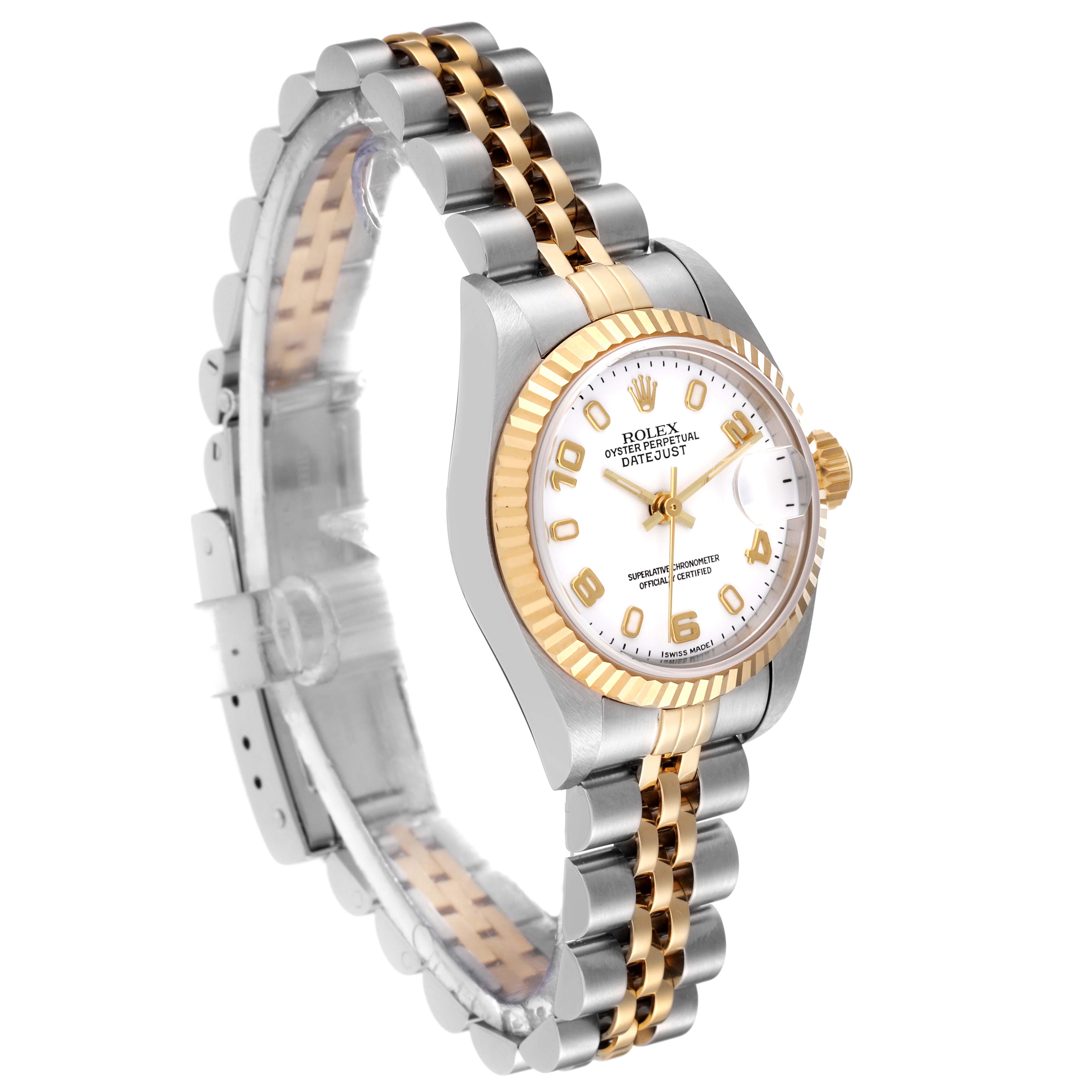 This image shows a side and front angle of a Rolex Datejust 79173 Women's Steel and Gold (two tone) White Dial 79173 Women's Steel and Gold (two tone) White Dial model, highlighting the gold and stainless steel bracelet and the fluted bezel.
