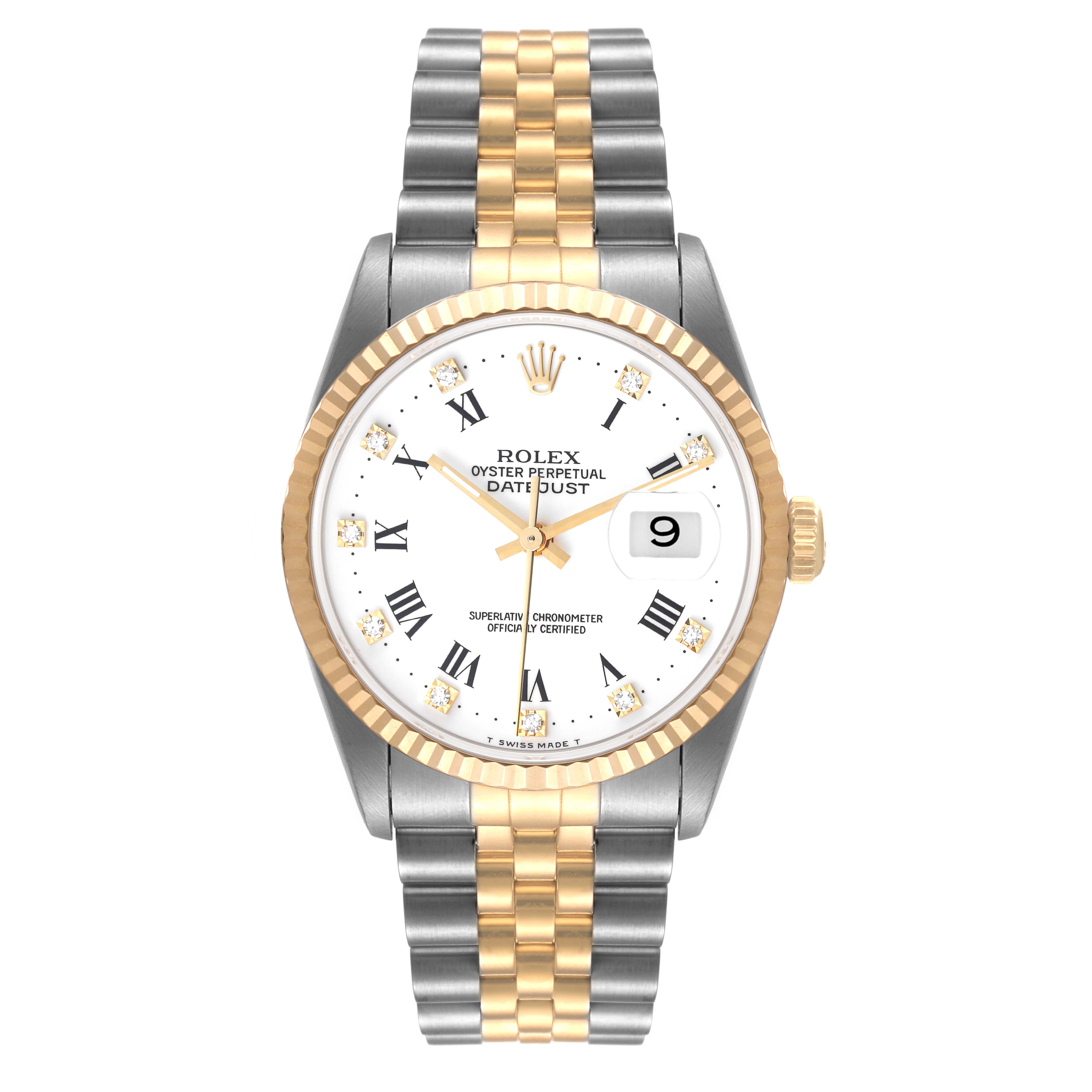 The Rolex Datejust 16233 Men's Steel and Gold (two tone) White Dial 16233 Men's Steel and Gold (two tone) White Dial watch is shown from a top-down angle, highlighting its face, bezel, and dual-tone bracelet.