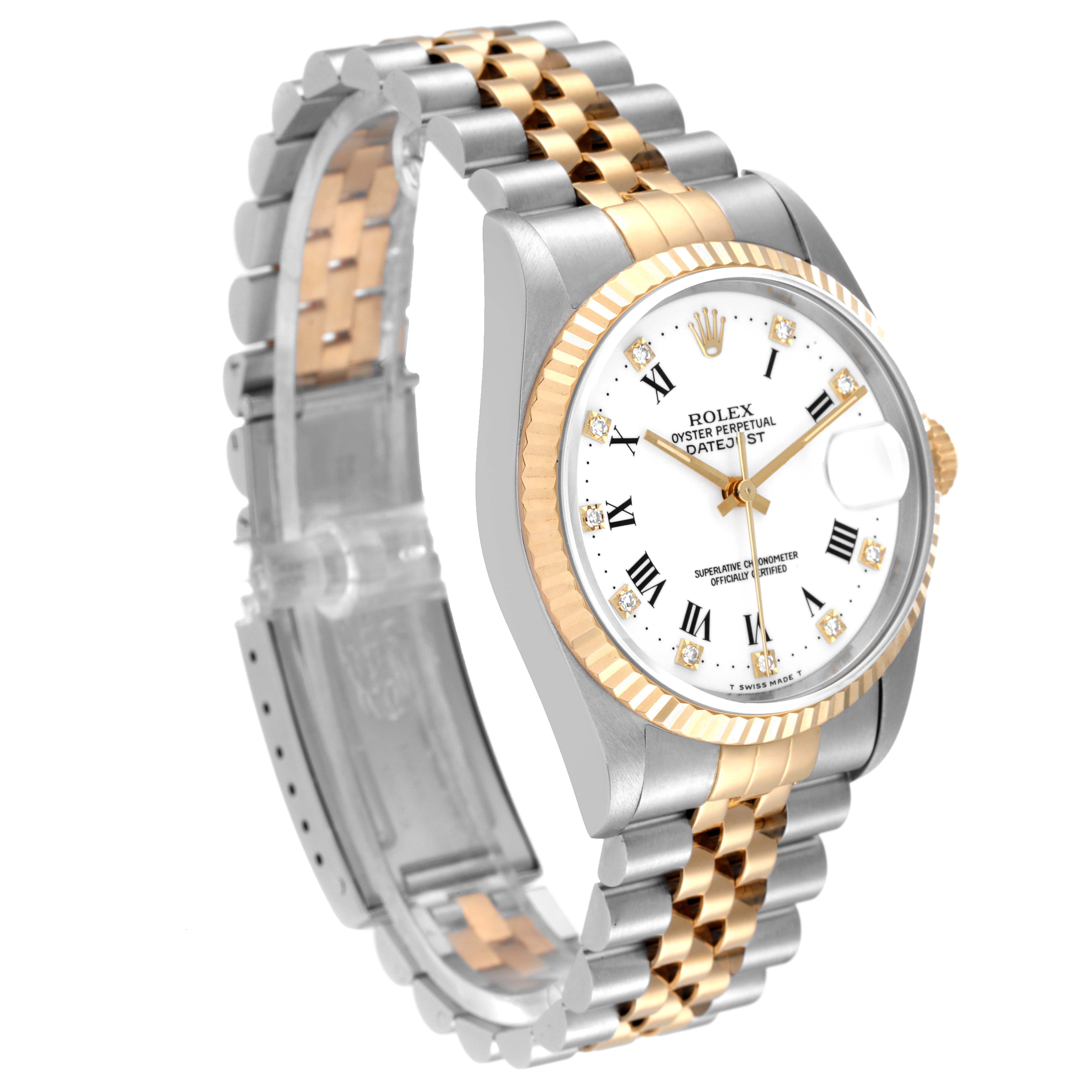 This image shows a Rolex Datejust 16233 Men's Steel and Gold (two tone) White Dial 16233 Men's Steel and Gold (two tone) White Dial model watch from a three-quarter angle, highlighting its two-tone bracelet, bezel, and dial.
