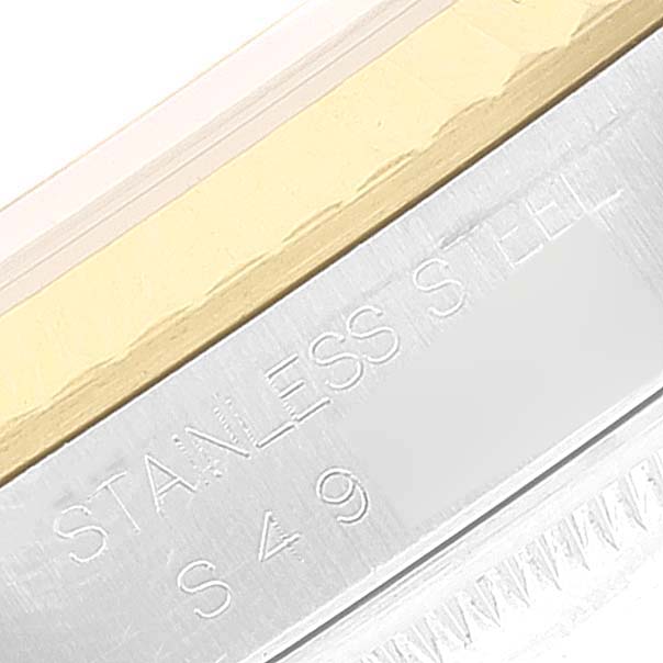 This image shows a close-up of the side of a Rolex Datejust 16233 Men's Steel and Gold (two tone) White Dial 16233 Men's Steel and Gold (two tone) White Dial watch, highlighting the stainless steel and gold parts.