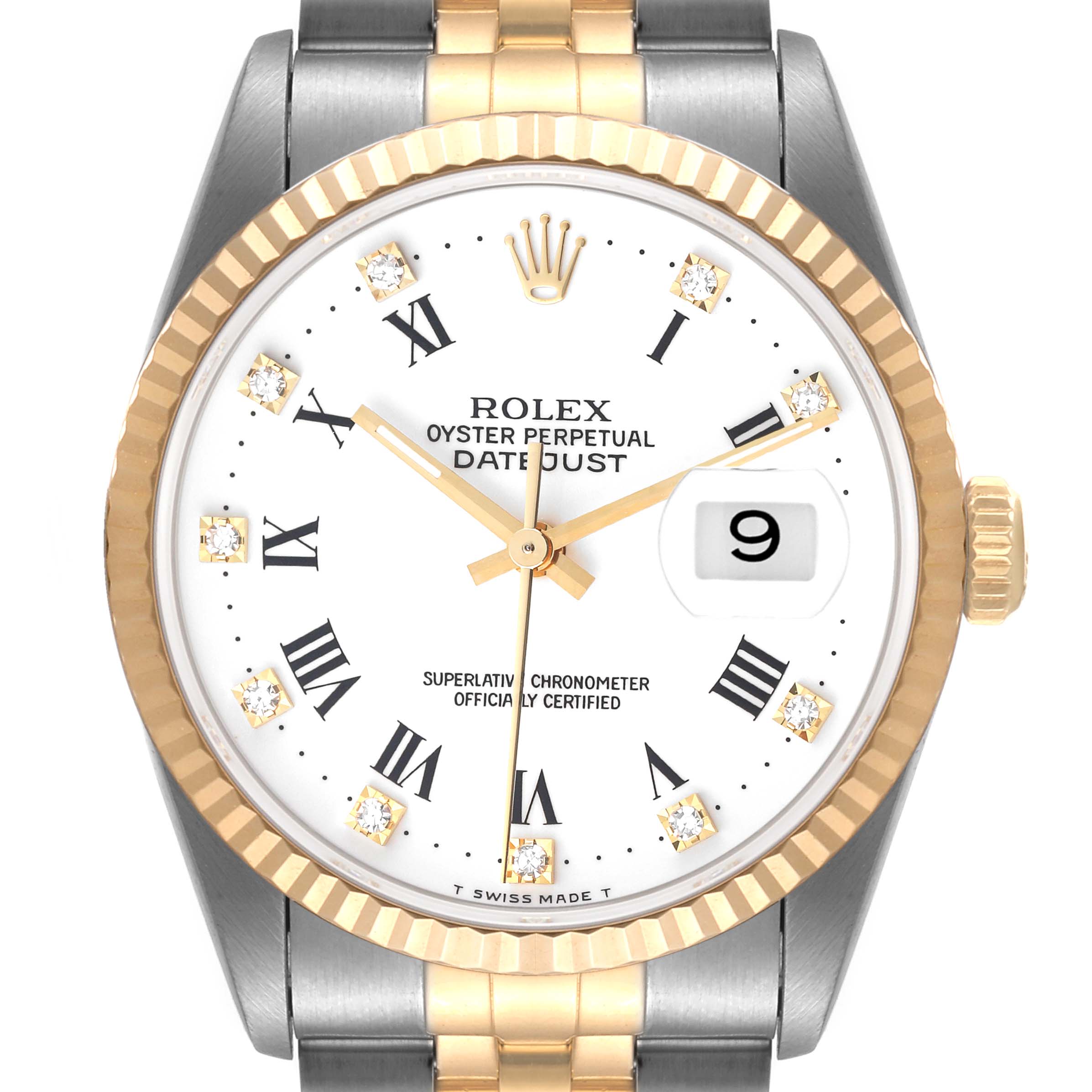This is a front view of a Rolex Datejust 16233 Men's Steel and Gold (two tone) White Dial 16233 Men's Steel and Gold (two tone) White Dial watch, showing the face, bezel, and part of the bracelet.