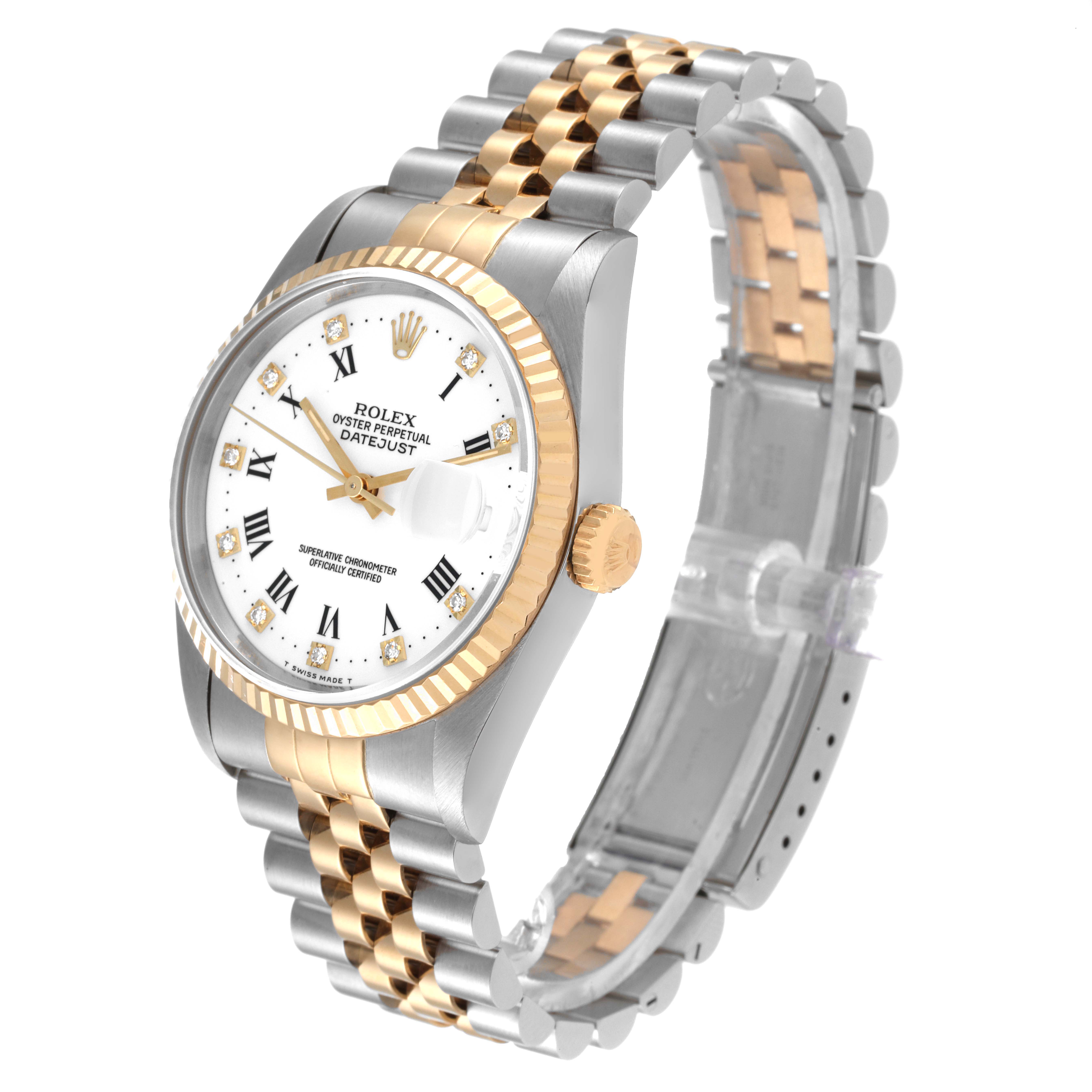 The image shows a Rolex Datejust 16233 Men's Steel and Gold (two tone) White Dial 16233 Men's Steel and Gold (two tone) White Dial watch at a side-angle, highlighting the face, bezel, and two-tone bracelet.
