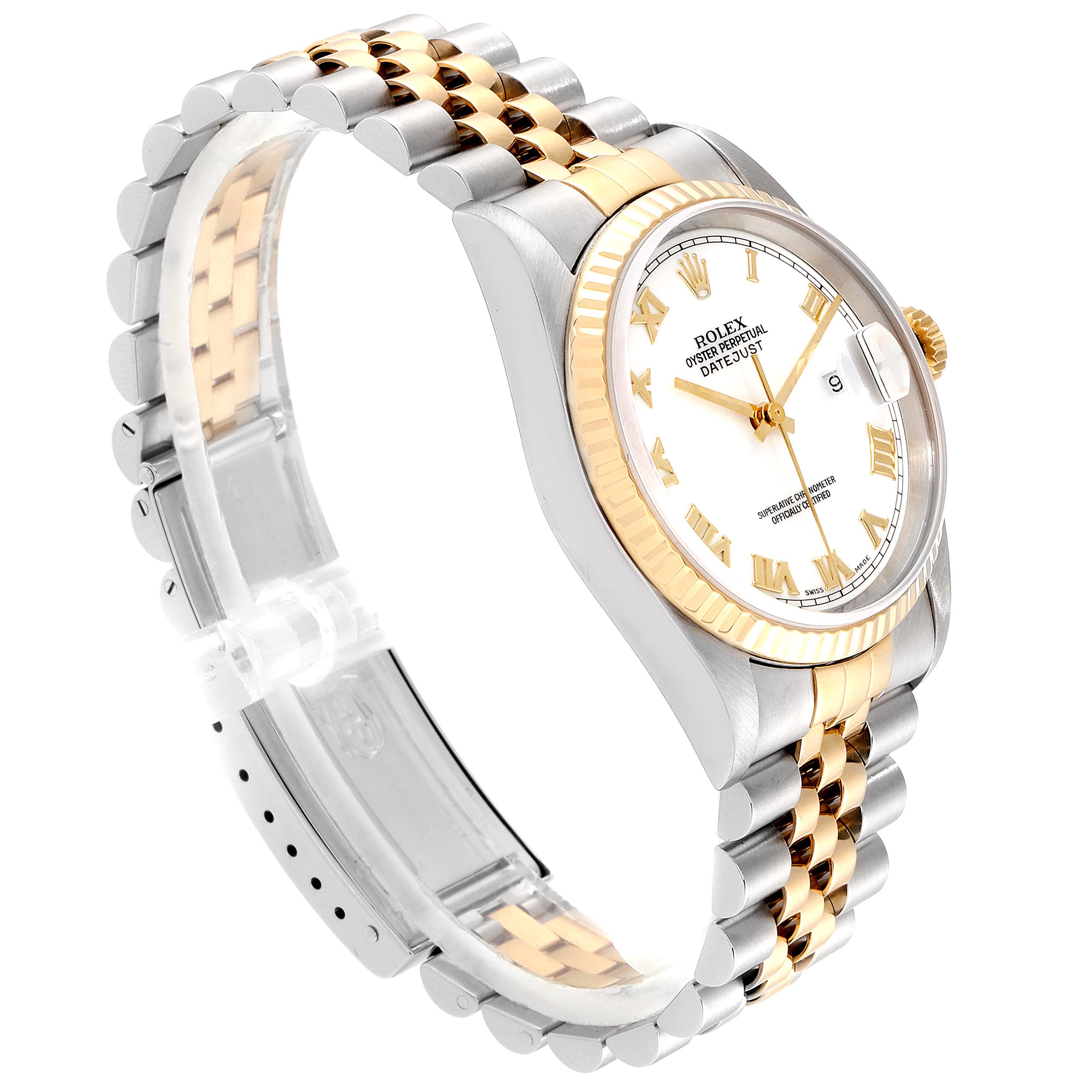 The Rolex Datejust 16233 Men's Steel and Gold (two tone) White Dial 16233 Men's Steel and Gold (two tone) White Dial watch is shown at an angled side view, displaying its band, case, and partial dial.