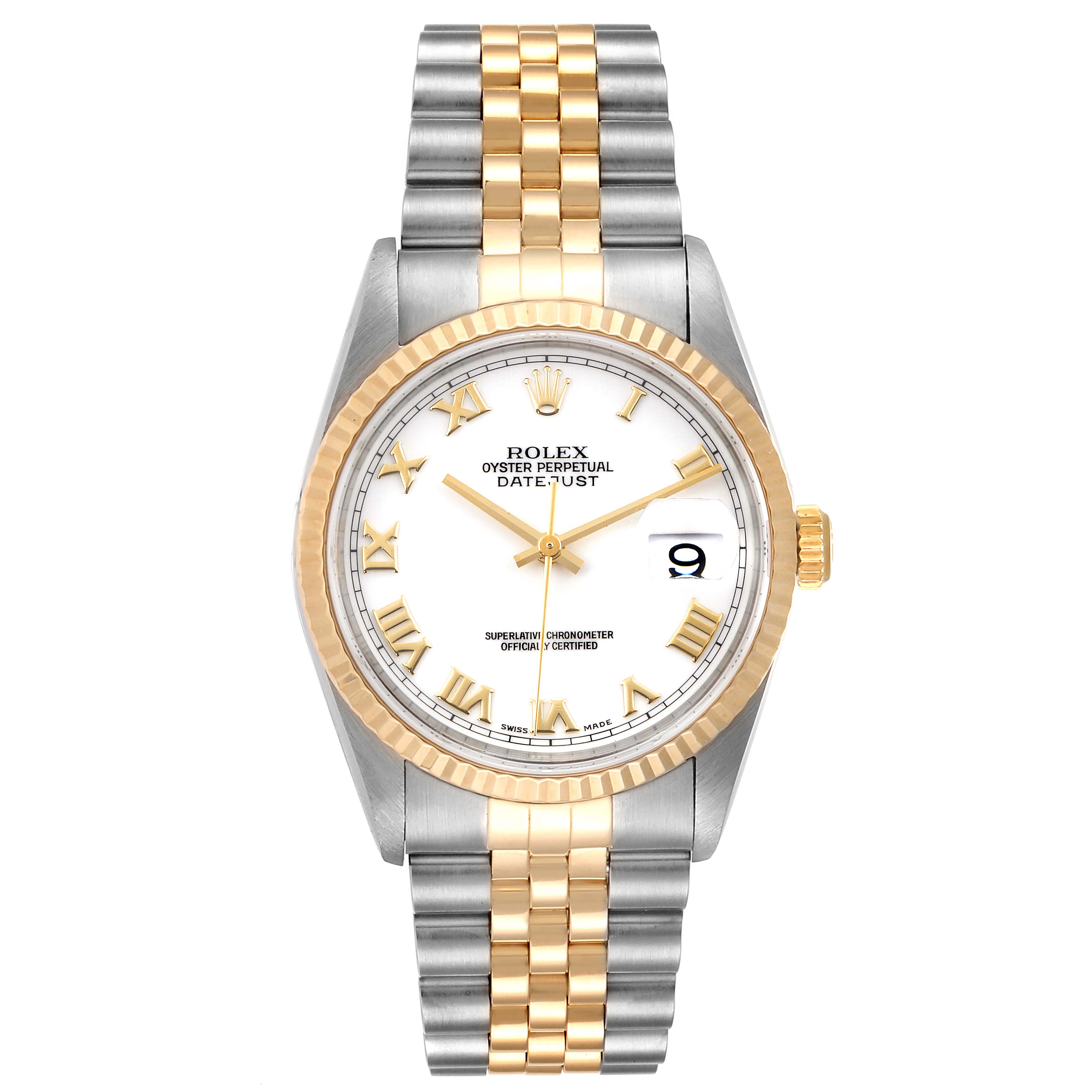 The image shows a front view of the Rolex Datejust 16233 Men's Steel and Gold (two tone) White Dial 16233 Men's Steel and Gold (two tone) White Dial watch, highlighting its two-tone bracelet, fluted bezel, and white dial with Roman numerals.