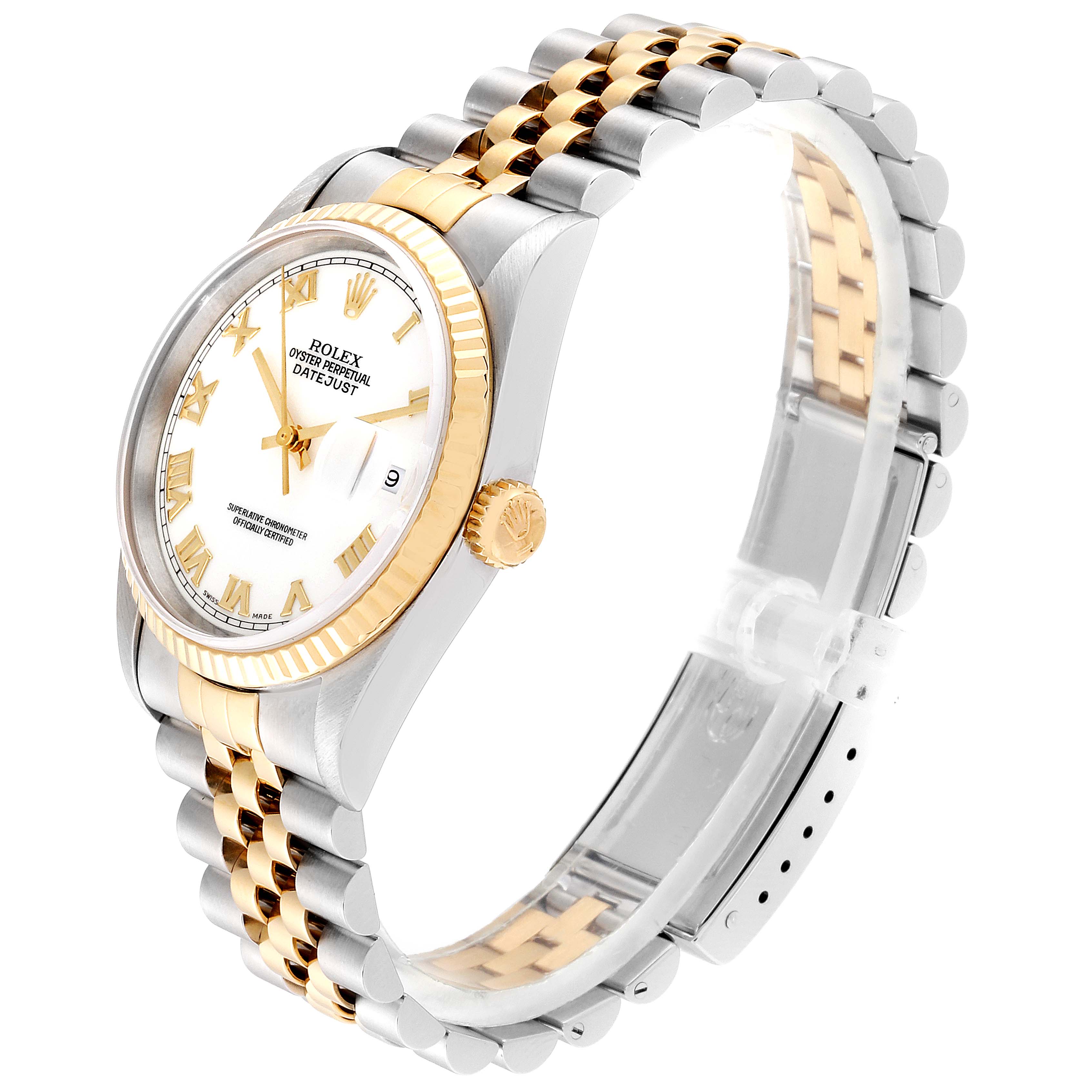 The image shows a Rolex Datejust 16233 Men's Steel and Gold (two tone) White Dial 16233 Men's Steel and Gold (two tone) White Dial watch at a three-quarter angle, highlighting the face, bezel, crown, and bracelet.