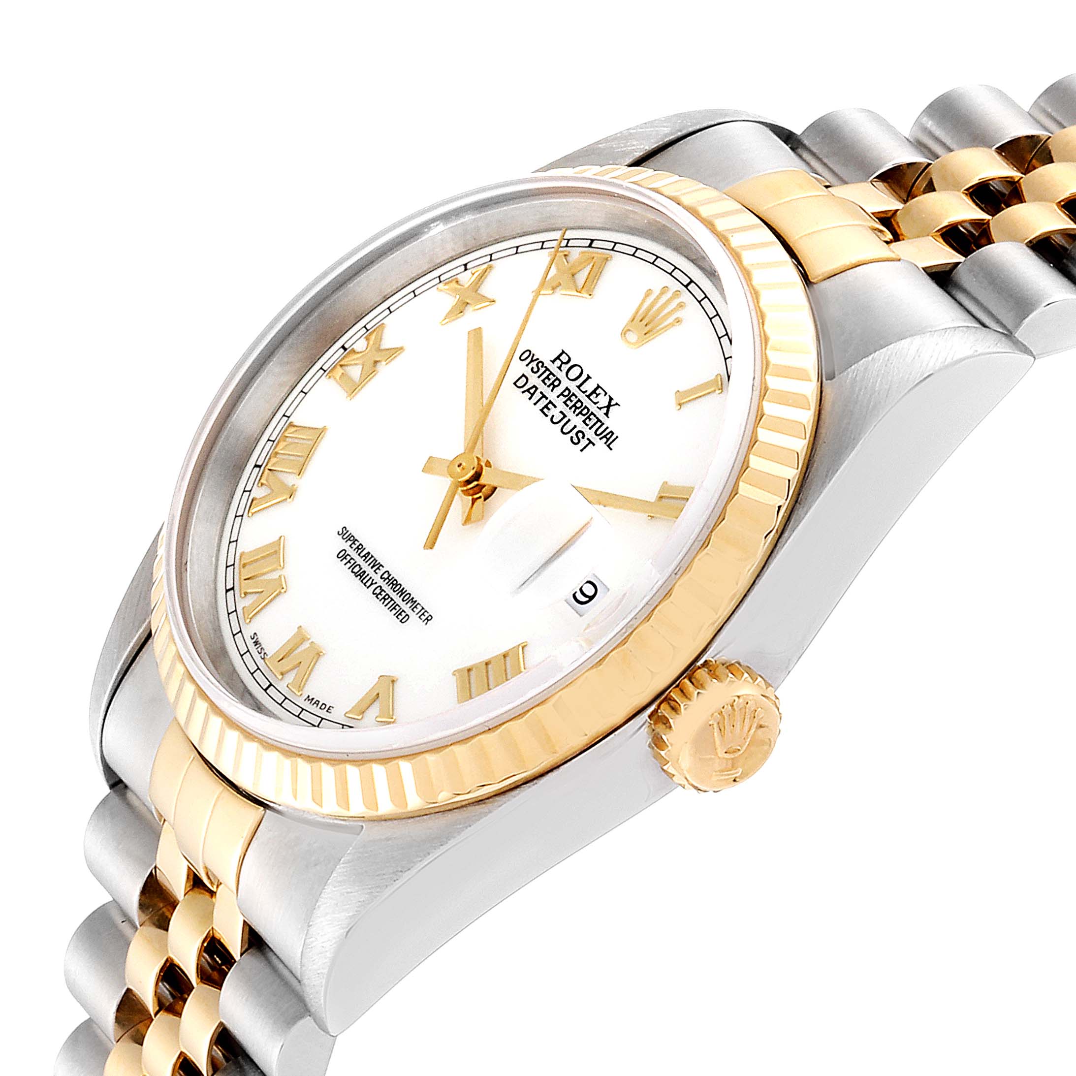 The image shows a Rolex Datejust 16233 Men's Steel and Gold (two tone) White Dial 16233 Men's Steel and Gold (two tone) White Dial watch at a side angle, highlighting the dial, bezel, and part of the bracelet.