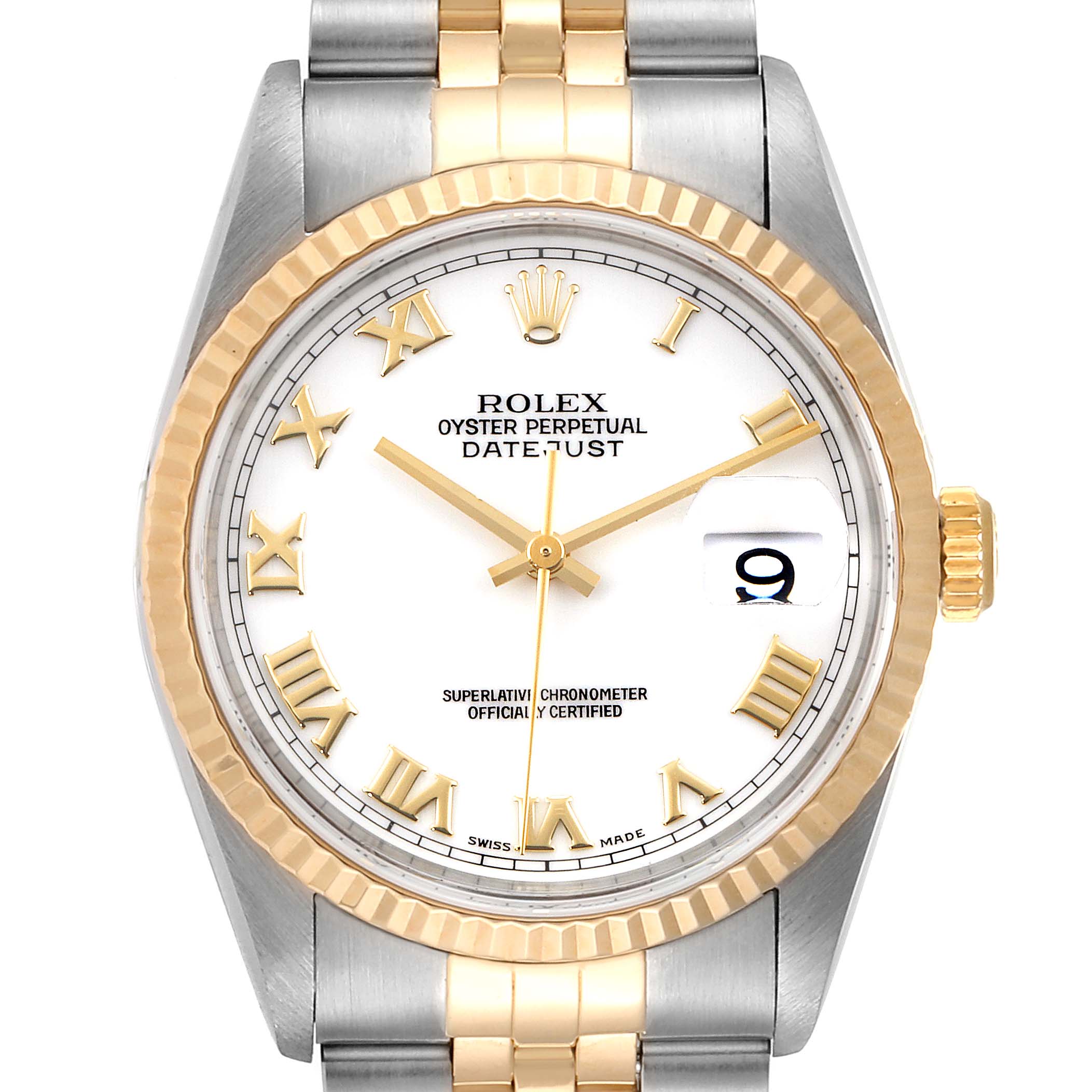 The image shows a Rolex Datejust 16233 Men's Steel and Gold (two tone) White Dial 16233 Men's Steel and Gold (two tone) White Dial watch face and band from a front angle, featuring gold and silver tones with a date window at 3 o'clock.