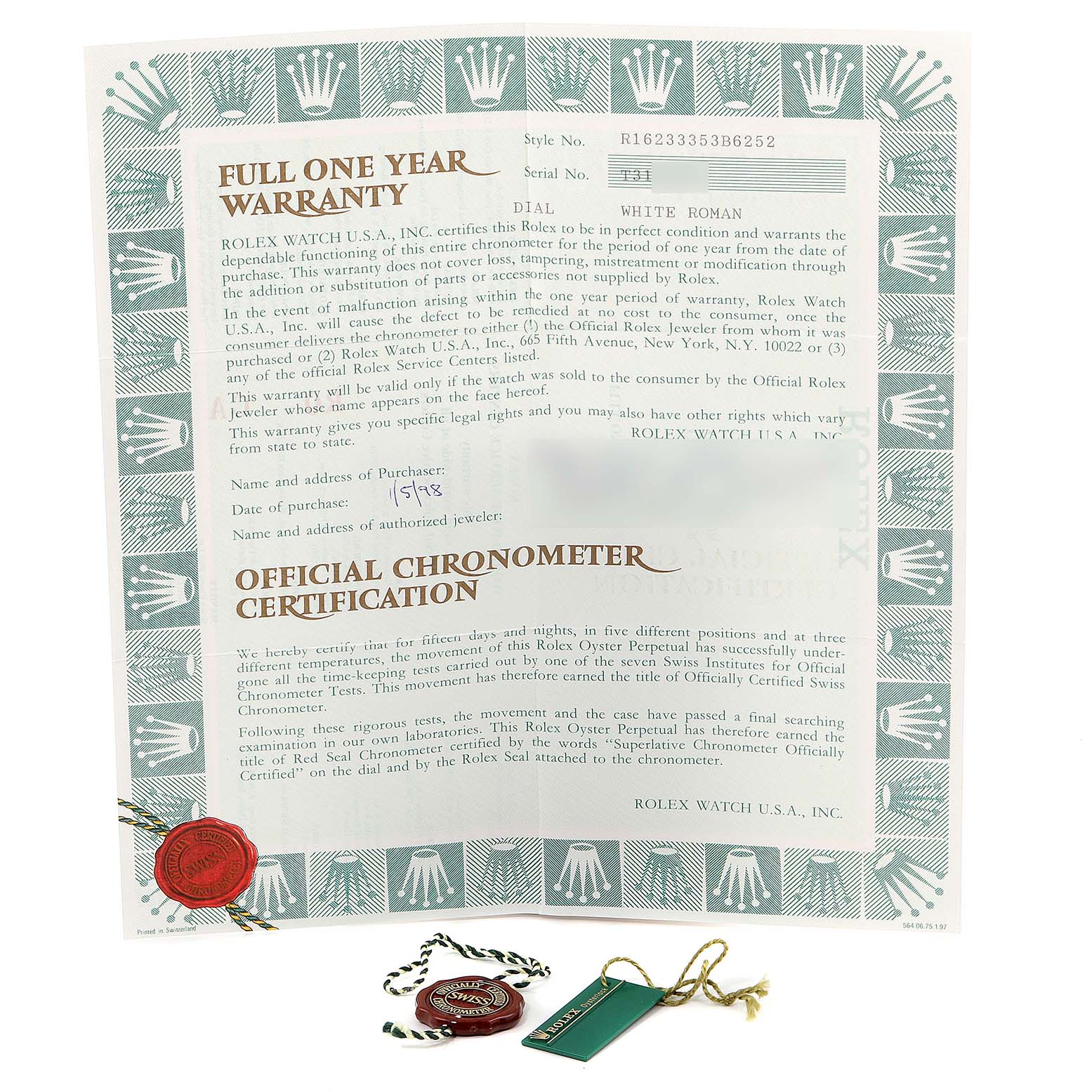 The image shows the warranty and chronometer certification for a Rolex Datejust 16233 Men's Steel and Gold (two tone) White Dial 16233 Men's Steel and Gold (two tone) White Dial, along with Rolex tags and seals.