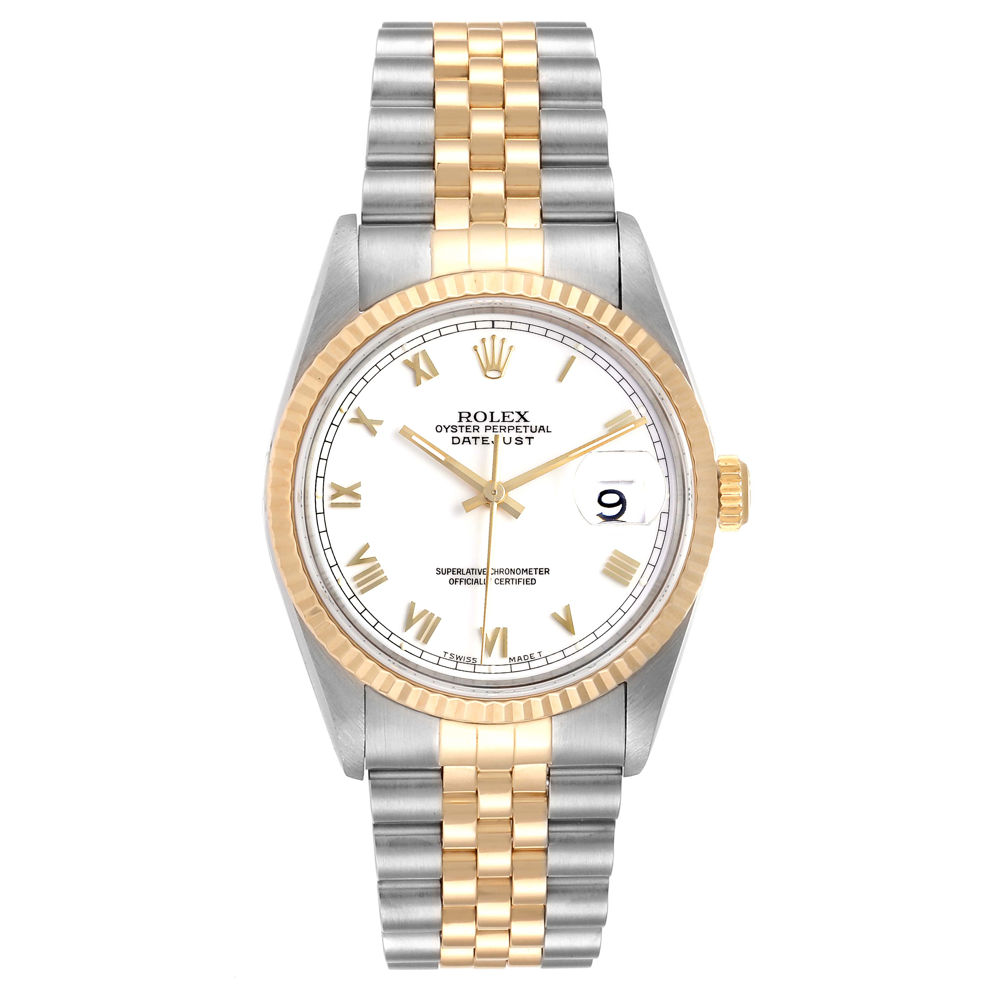 The Rolex Datejust 16233 Men's Steel and Gold (two tone) White Dial 16233 Men's Steel and Gold (two tone) White Dial watch is shown from a front view, highlighting its two-tone bracelet, fluted bezel, and white dial.