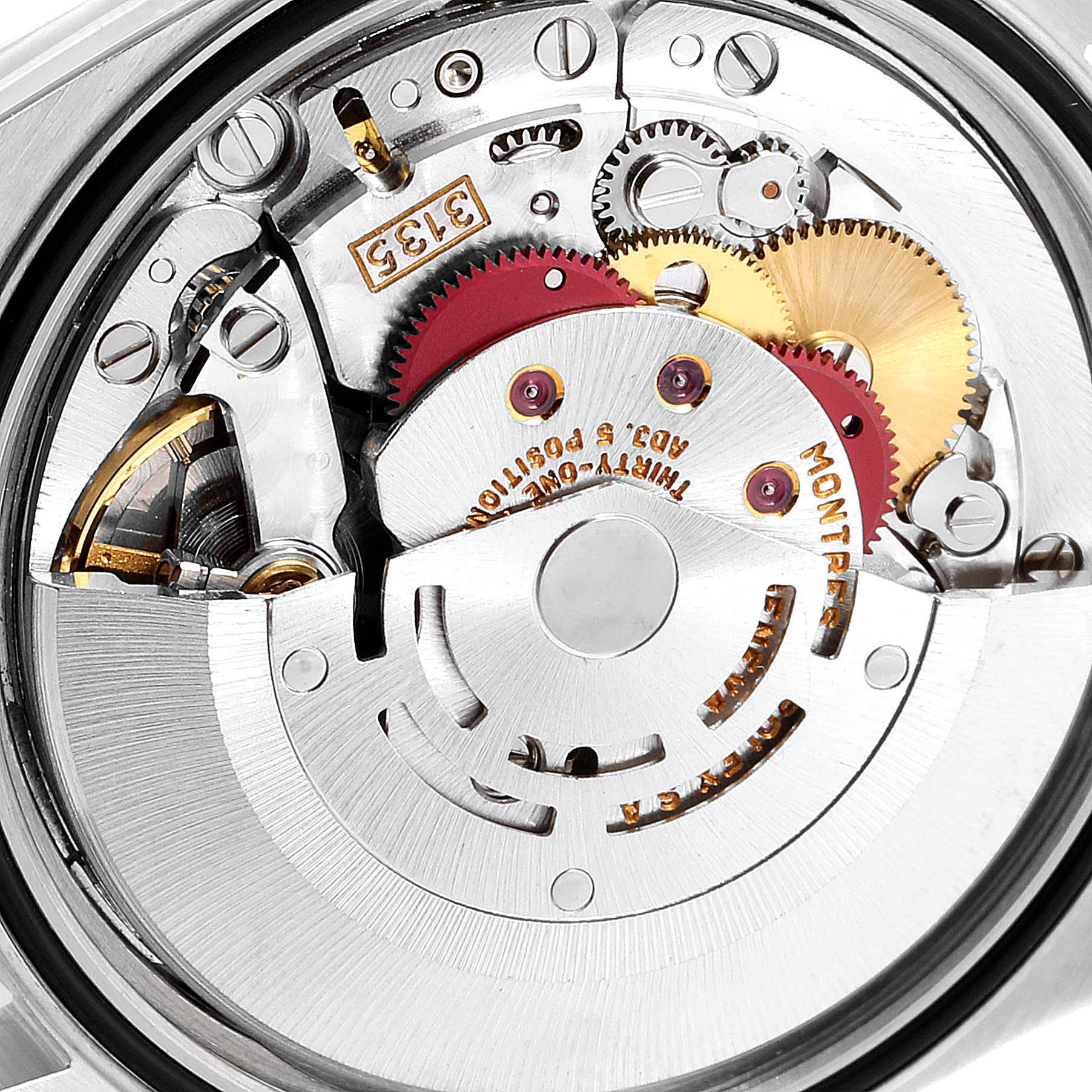 This image shows the internal mechanical movement of a Rolex Datejust 16233 Men's Steel and Gold (two tone) White Dial 16233 Men's Steel and Gold (two tone) White Dial watch from a close-up angle.