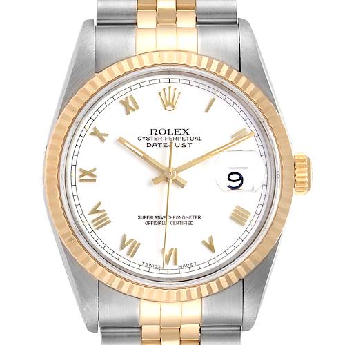 Photo of Rolex Datejust Steel Yellow Gold White Roman Dial Mens Watch 16233 Papers