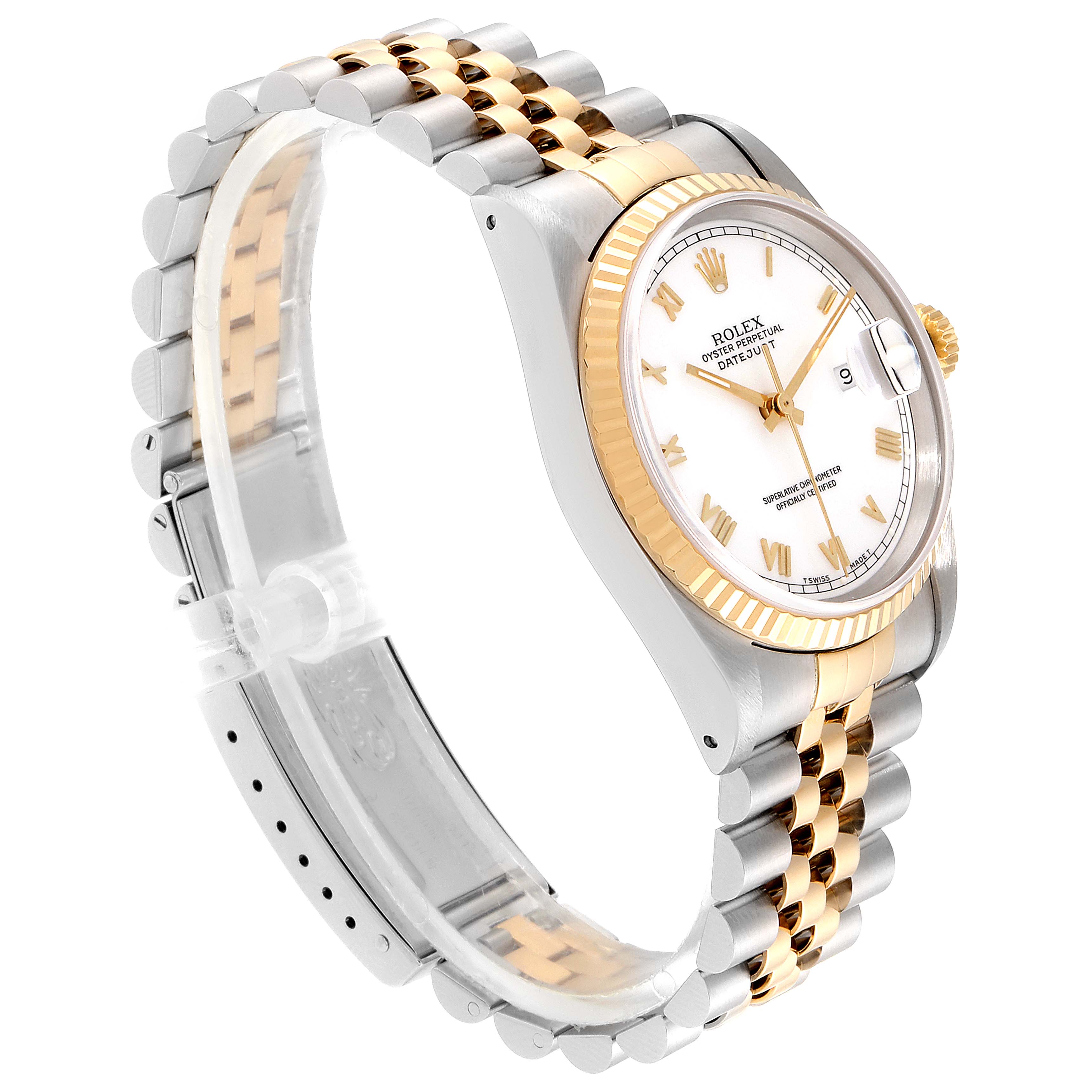 The image shows a side angle of a Rolex Datejust 16233 Men's Steel and Gold (two tone) White Dial 16233 Men's Steel and Gold (two tone) White Dial watch, highlighting its two-tone bracelet, fluted bezel, and white dial.